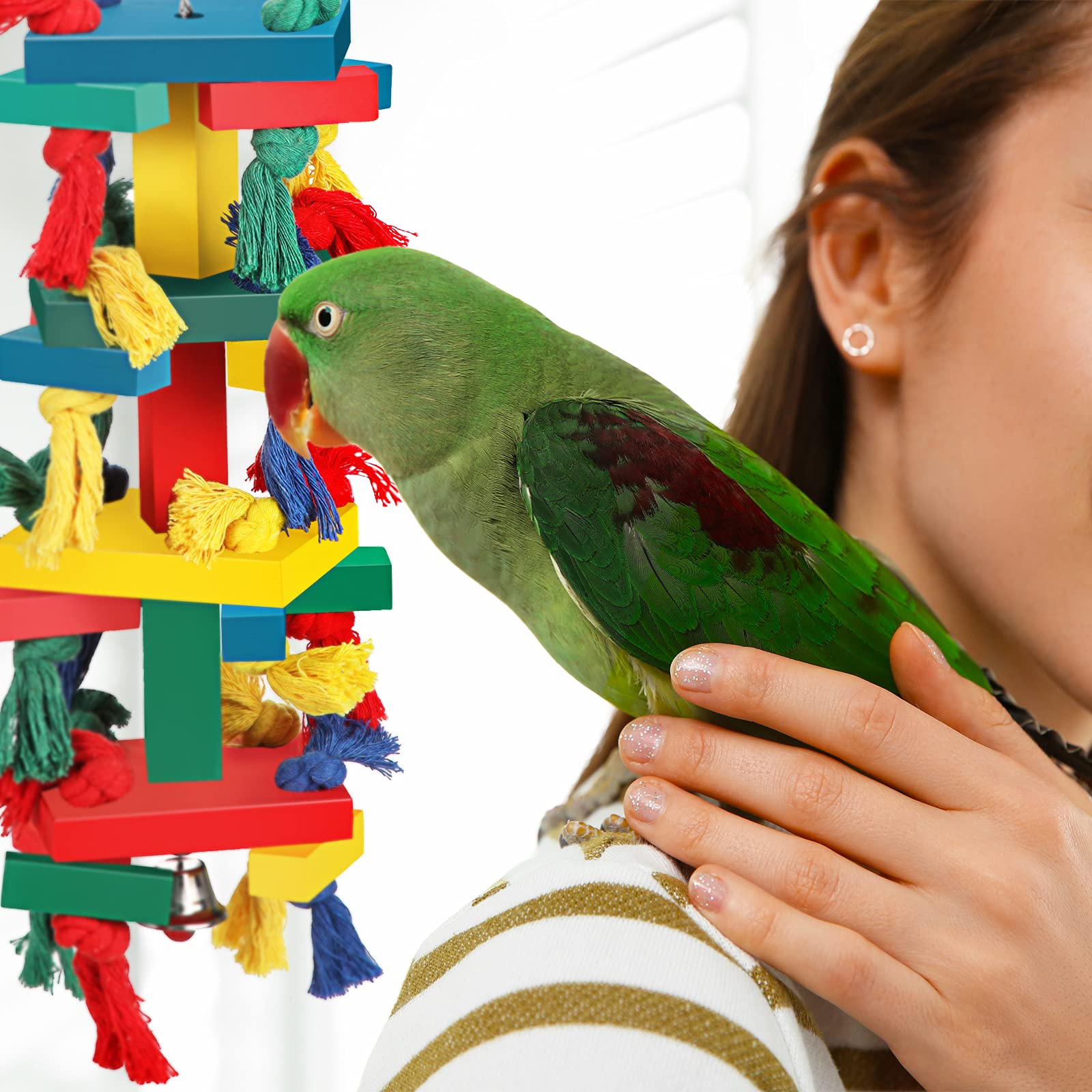 Skylety Natural Wood Parrot Toys for Large Birds - Multicolored Wooden Chewing Blocks for African Grey, Cockatoos & Macaws | Durable Bird Enrichment Toys for Cage Play & Mental Stimulation