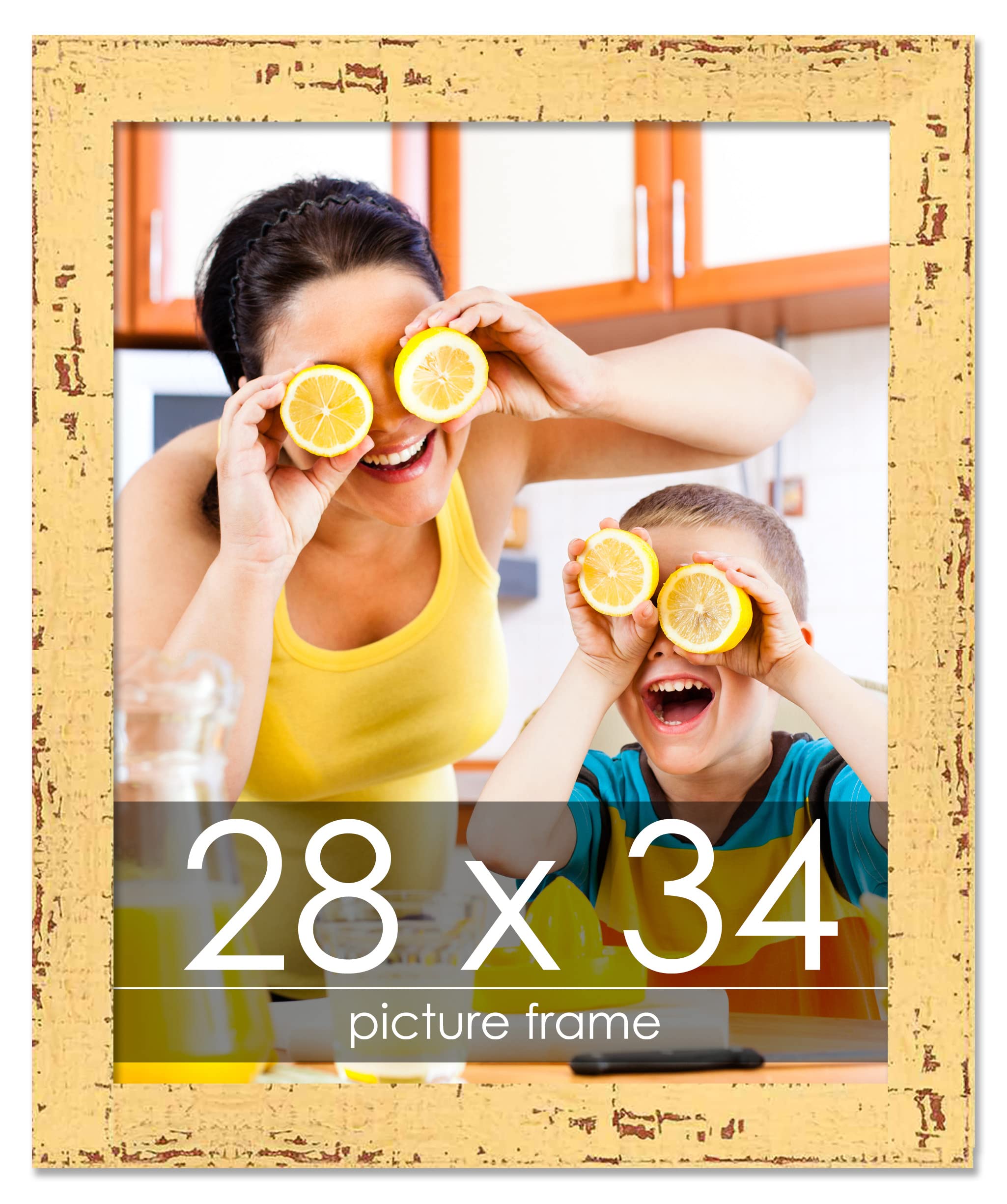 28x34 Rustic Farmhouse Picture Frame - Solid Wood Yellow Shabby Chic Photo Frame with UV Acrylic, Foam Board Backing & Hanging Hardware - Perfect for Wall Decor, Living Room, Bedroom, Office & Gallery Display