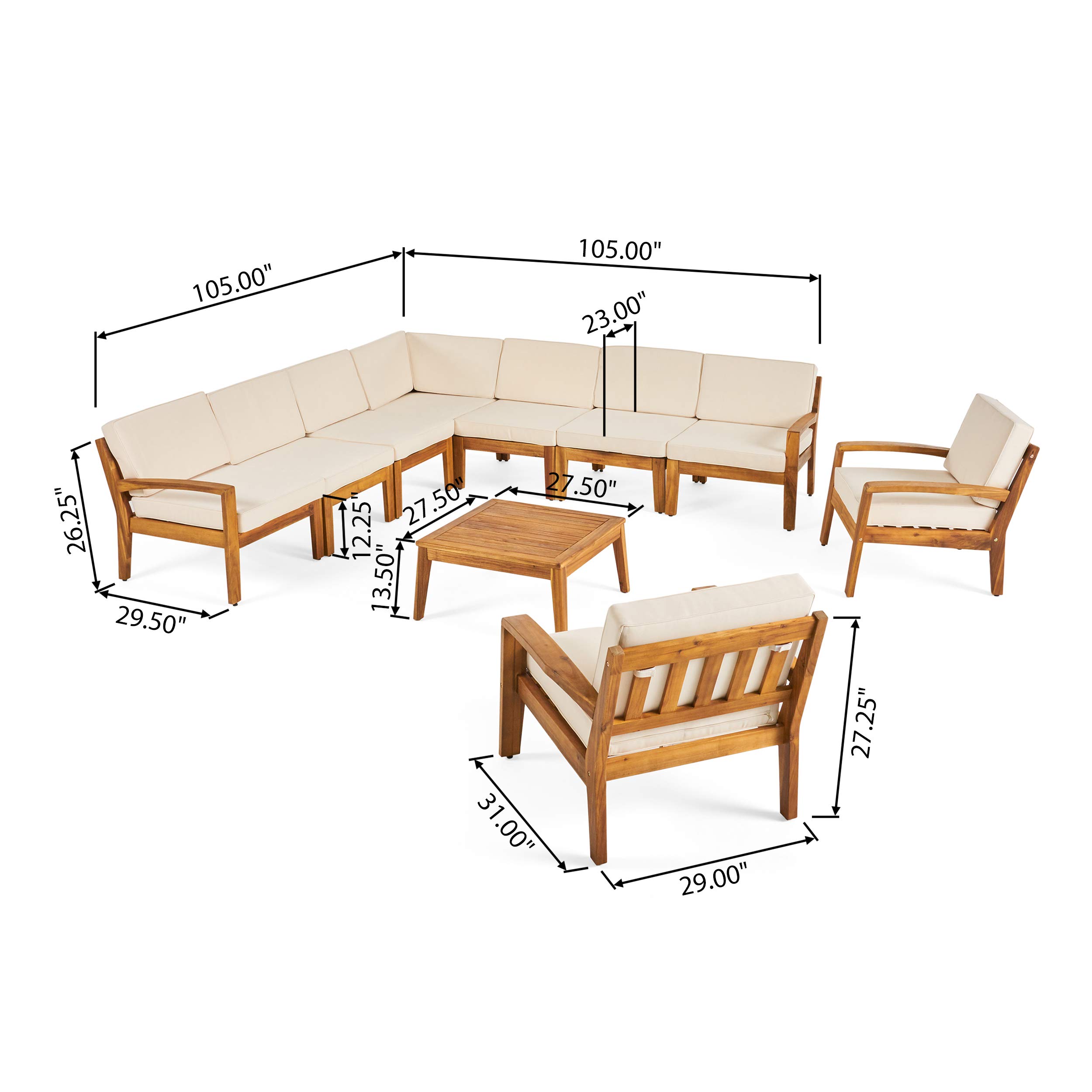 Premium 7-Piece Acacia Wood Patio Sectional Sofa Set with Cushions - Includes Coffee Table & Club Chairs | Teak & Cream Outdoor Furniture | Perfect for Backyard, Poolside & Garden Relaxation