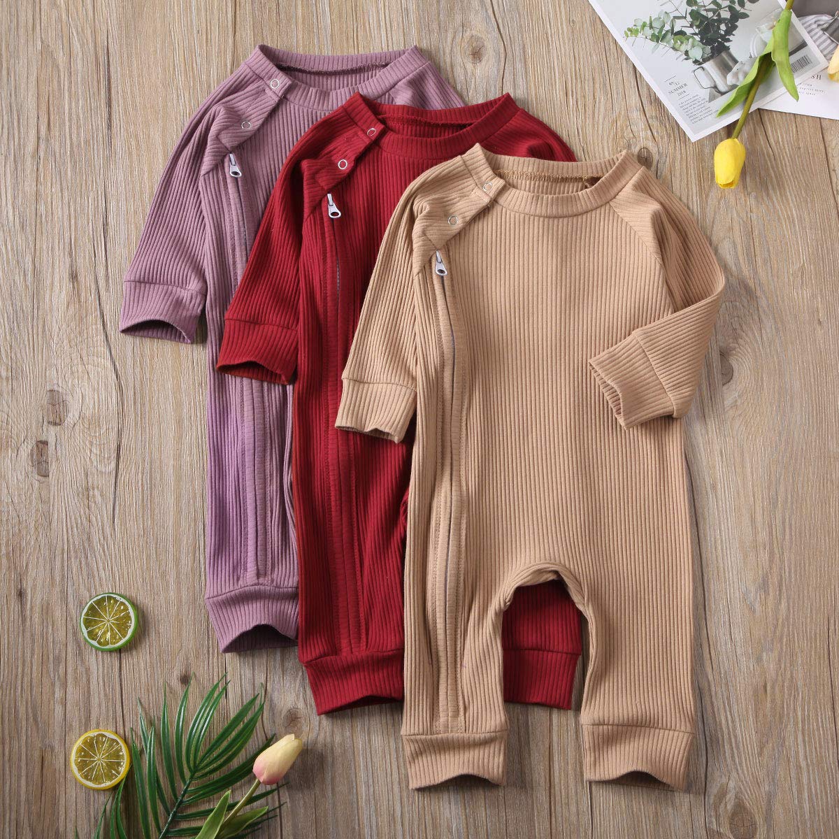 Newborn Baby Girl & Boy Ribbed Ruffle Footed Romper Onesie - Soft Zipper Jumpsuit for Fall & Winter | Cozy One-Piece Outfit for Infants, Sleepwear & Playtime