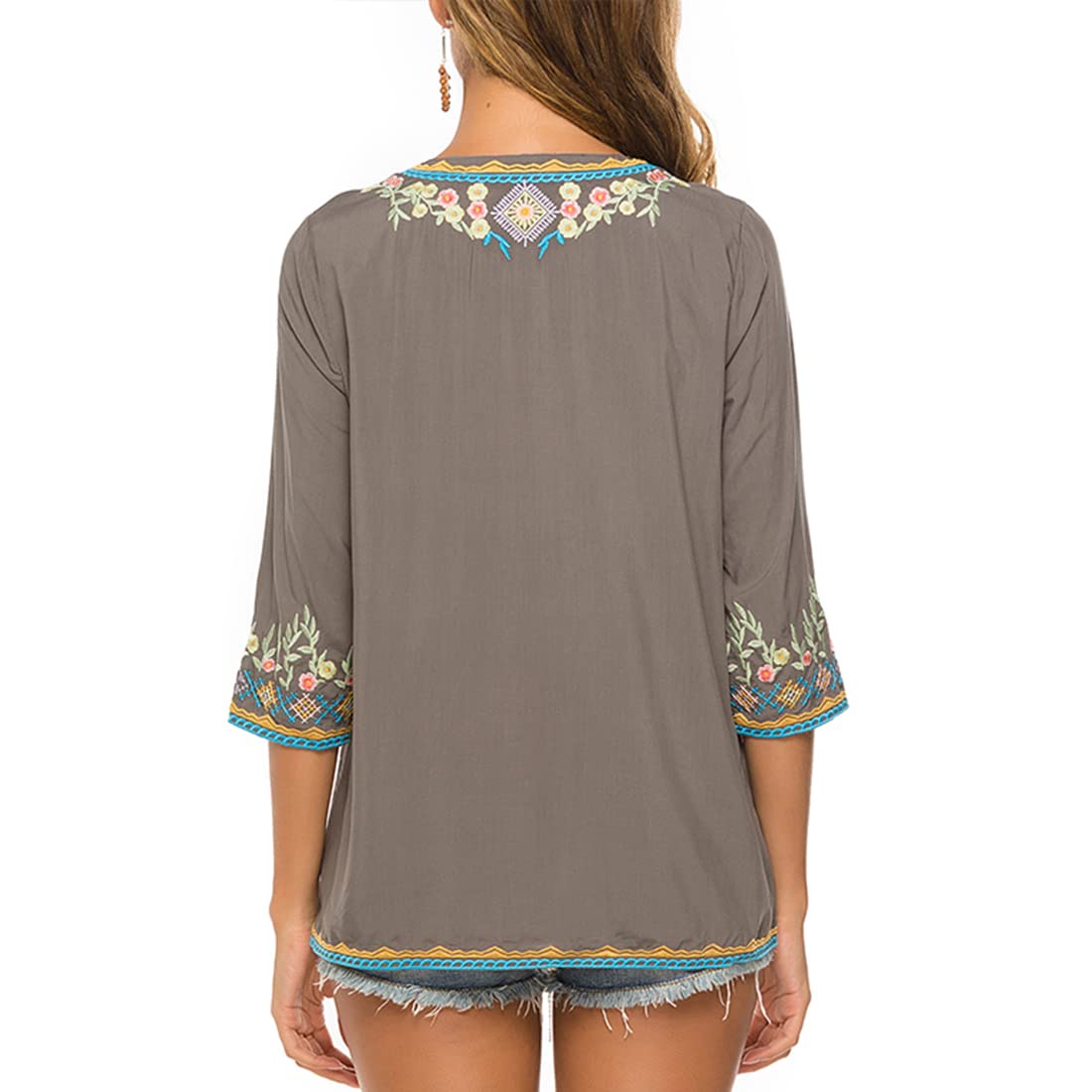 AK Women's Embroidered 3/4 Sleeve V-Neck Peasant Tunic Blouse - Traditional Mexican Style Embroidered Top for Women | Perfect for Festivals, Vacations & Boho Chic Outfits