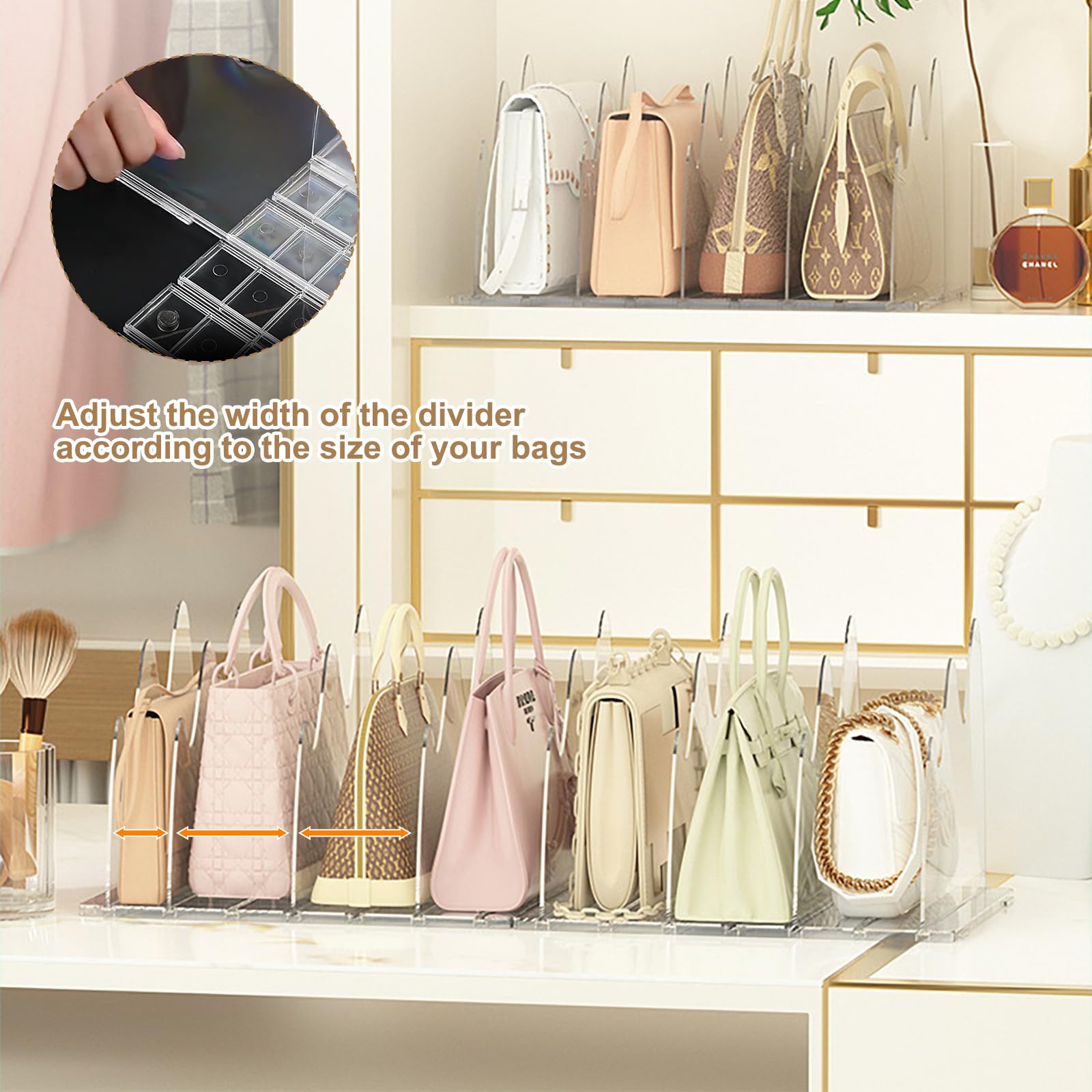 8-Piece Adjustable Clear Handbag Storage Organizer - Purse Organizer for Closet, Shelf Dividers & Bag Separators for Bedroom, Office, Cabinet | Perfect for Closet Organization, Small Bookshelf & Home Storage Solutions