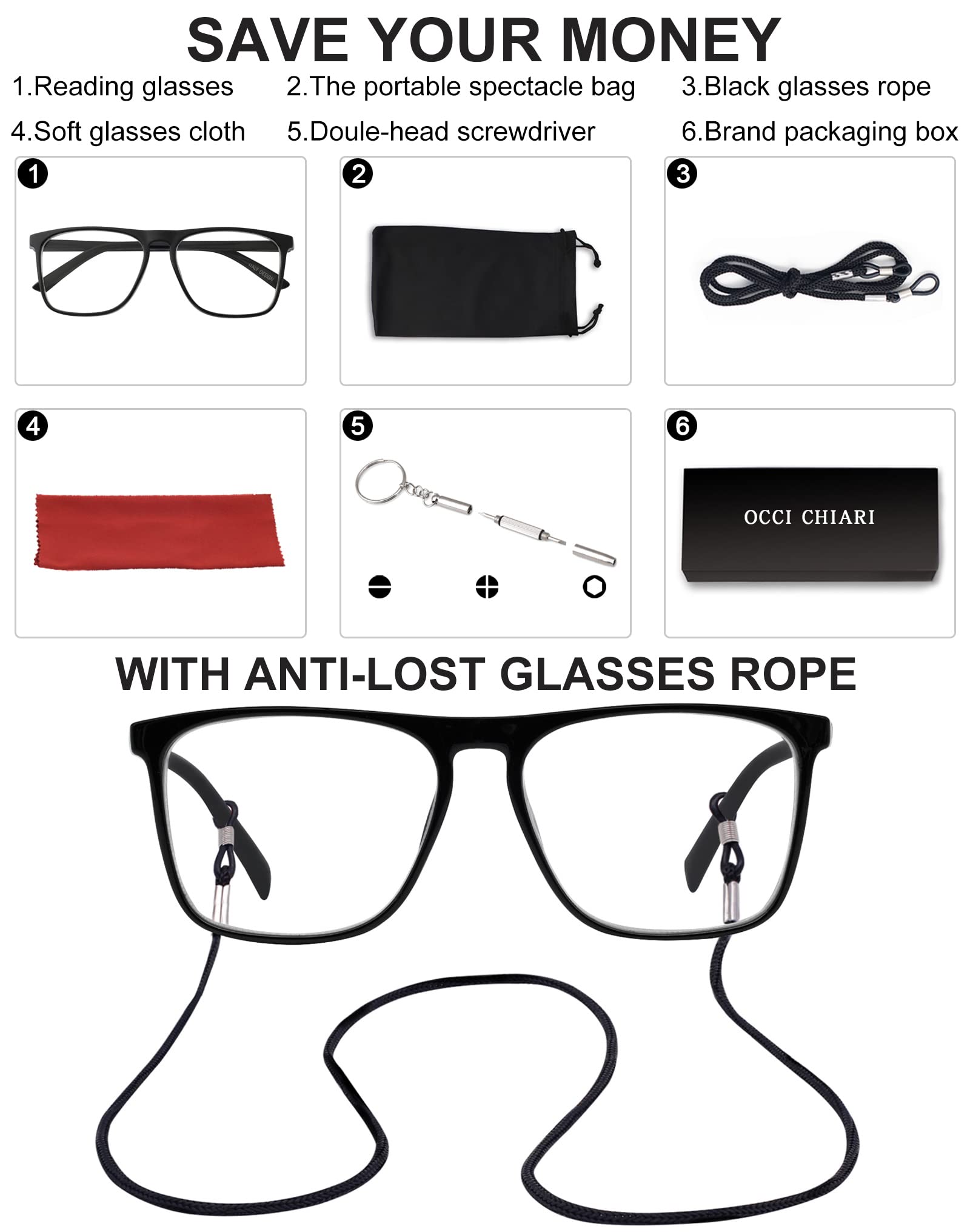 OCCI CHIARI Fashion Reading Glasses for Women & Men - Lightweight Eyeglass Frames with Spring Hinges - Perfect for Reading, Computer Work, and Daily Use