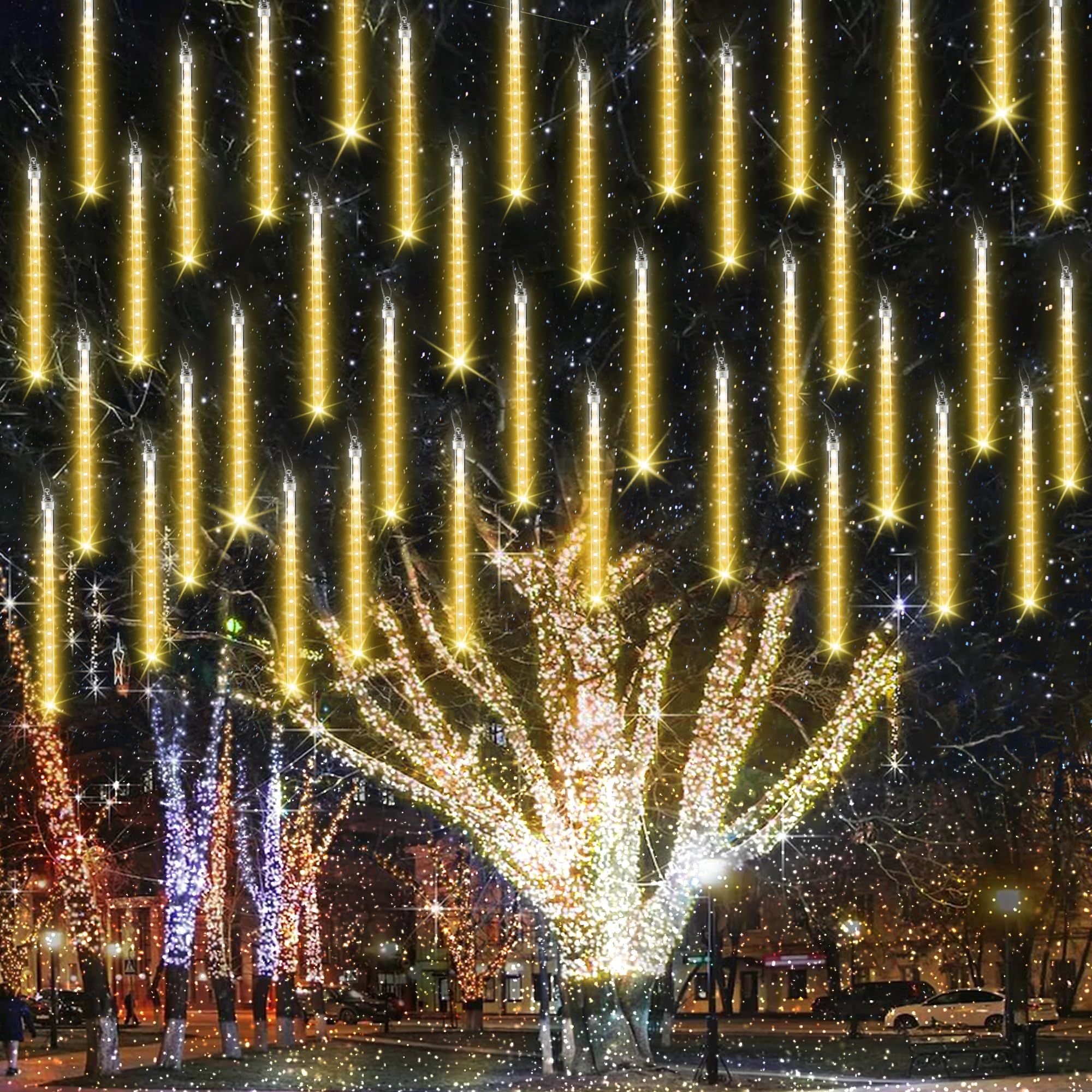 Joomer 240 LED Meteor Shower Christmas Lights - 10 Tubes 11.8 Inch Outdoor Waterproof Cascading Snowfall Lights with Timer & Connectable Design (Warm White) | Perfect for Holiday Decorations, Roof, Yard, and Christmas Tree Lighting