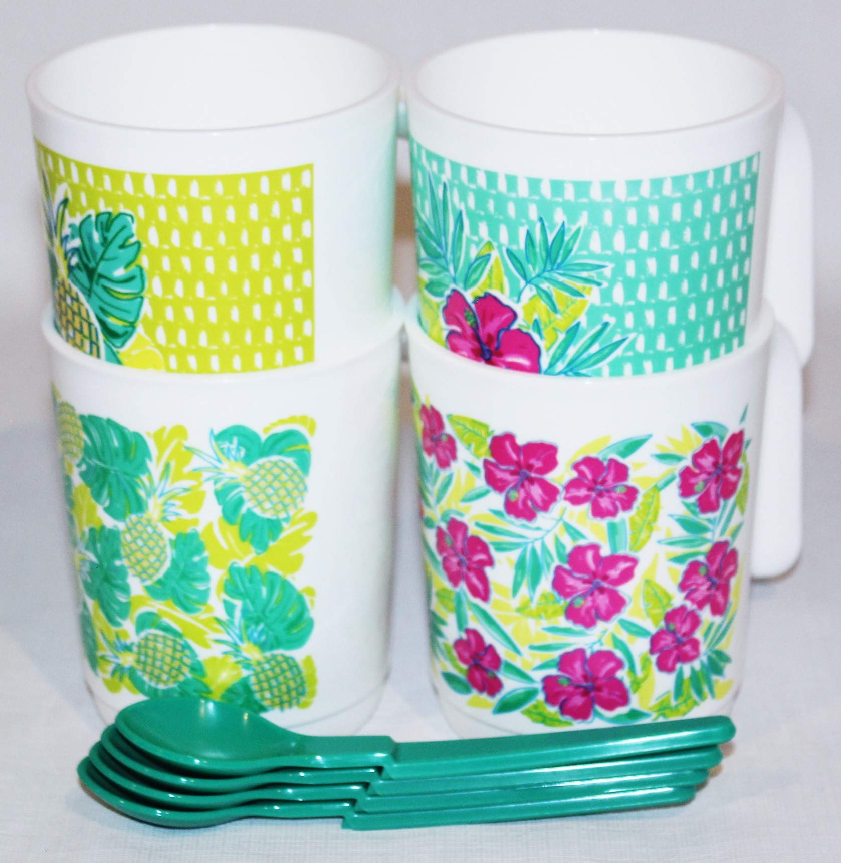 Premium 11oz Tupperware Mugs Set of 4 - Tropical Pineapple & Flower Design - BPA-Free Plastic Drinking Cups for Coffee, Tea, Smoothies - Perfect for Home, Office, Beach & Outdoor Use