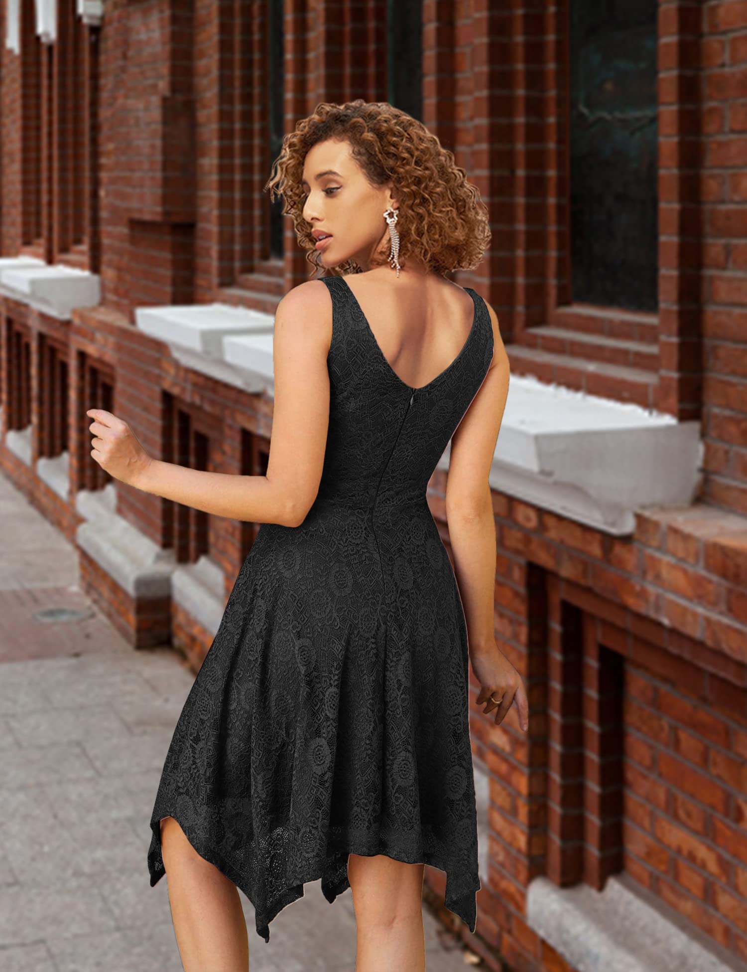 Elegant Women's Floral Lace Asymmetrical Handkerchief Swing Midi Dress for Cocktail Party, Wedding Guest, Formal Occasions & Special Events