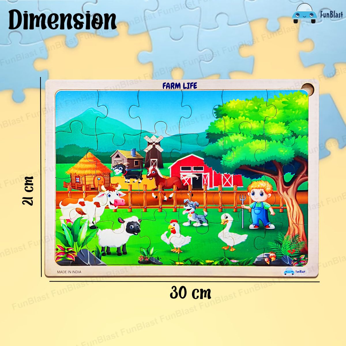 FunBlast 24-Piece Farm Life Wooden Jigsaw Puzzle for Kids Ages 3-5 - Educational Learning Toys for Toddlers, Floor & Tabletop Puzzle Games for Preschool Classroom or Home Playtime