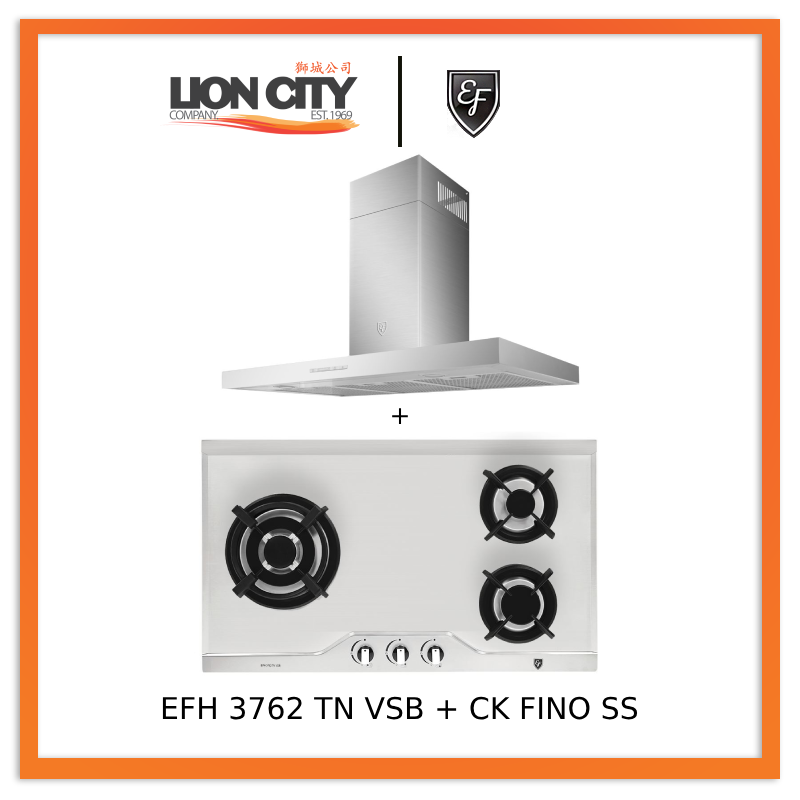 EF 90cm Stainless Steel Chimney Hood CK Fino + EFH 3762 TN VSB 78cm Built-in Gas Hob - Modern Kitchen Ventilation & Cooking Solution for Home Chefs