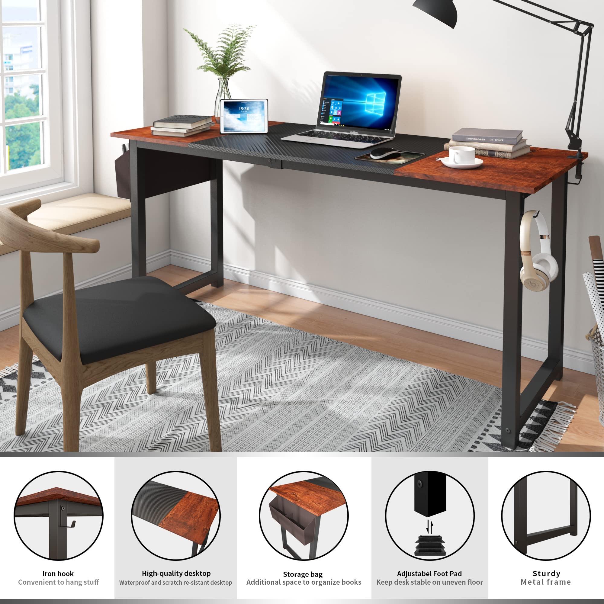 Decoholic 63 Inch Modern Industrial L-Shaped Computer Desk with Storage Bag & Hook - Black & Sandalwood Two-Tone Home Office Desk for Workstation Setup, Gaming, Study & Remote Work