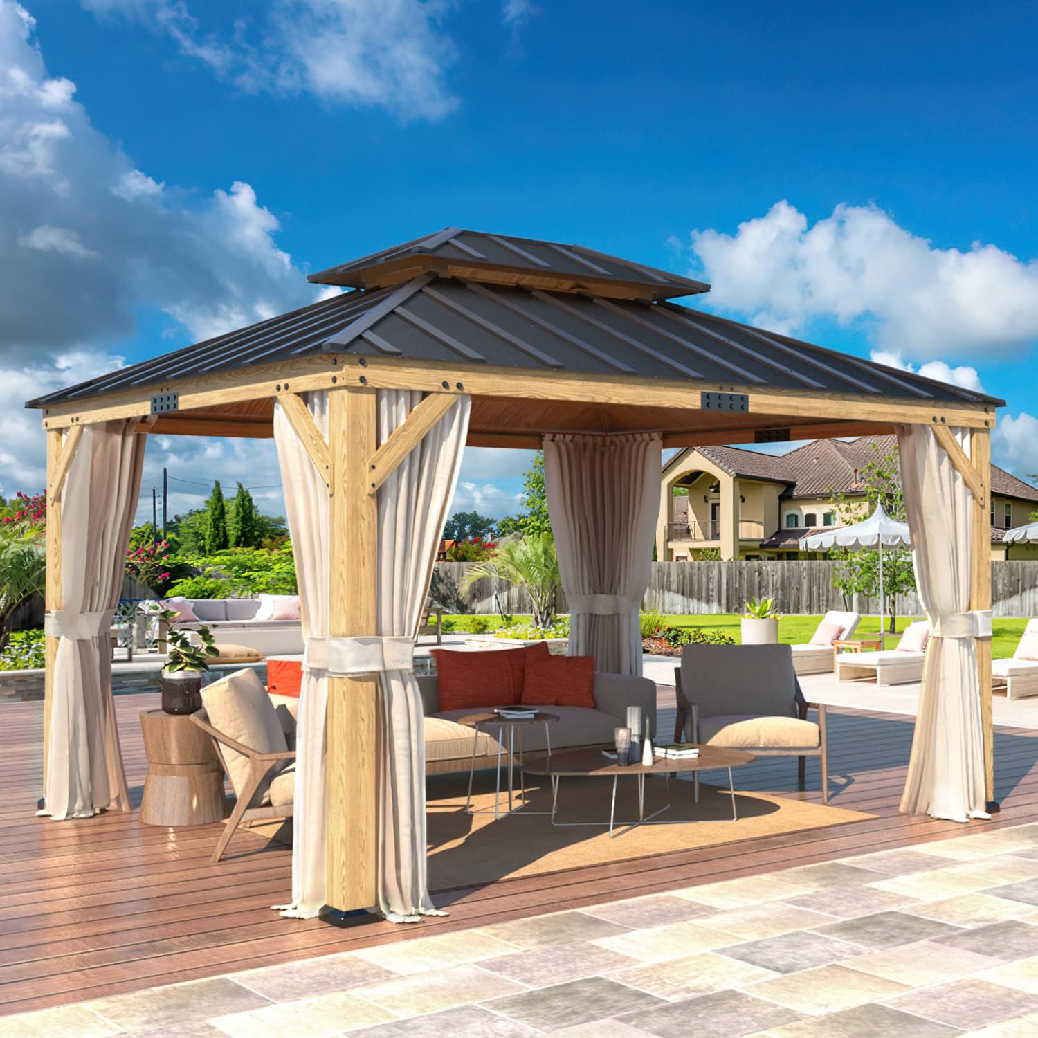 EROMMY 11' x 13' Hardtop Gazebo with Waterproof Asphalt Roof - Solid Spruce Wood Outdoor Gazebo for Patio, Garden, Backyard, Beach & Lawn | Perfect for Outdoor Entertaining, Relaxation & Shade