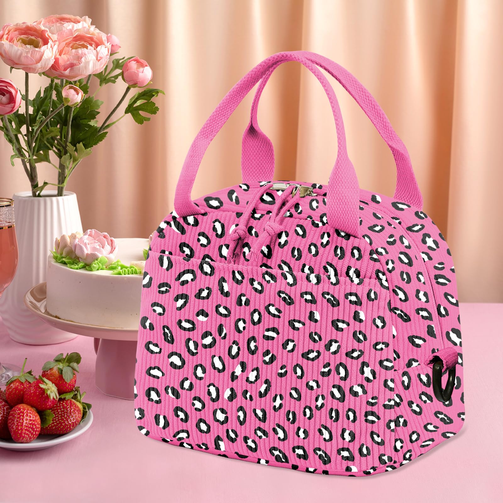Stylish Insulated Lunch Bag for Women & Men - Large Corduroy Lunch Box with Adjustable Shoulder Strap, Leopard Print Tote | Perfect for Work, School, Picnics & Outdoor Activities | Reusable & Eco-Friendly Cooler Lunch Case