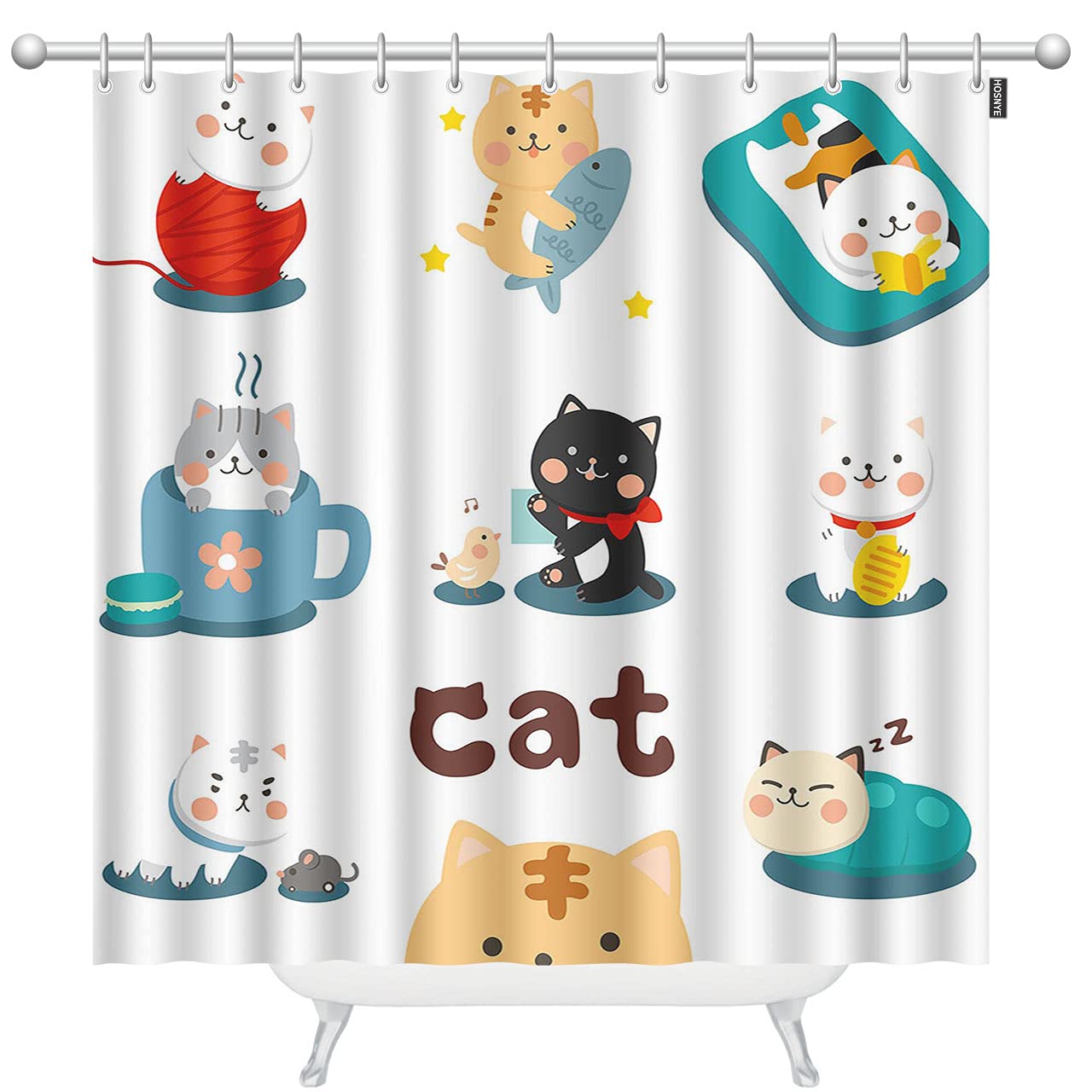 Playful Floral Cat Shower Curtain Set - 72x78 Inch with 12 Hooks for Modern Bathroom Decor