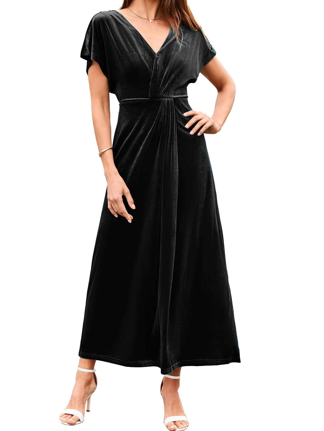 Simplee Women's Velvet Maxi Dress - Short Sleeve V-Neck Formal Bodycon Gown for Wedding Guest, Prom, Cocktail Party & Special Occasions | Elegant Twiss Front Design for Fall & Winter Events