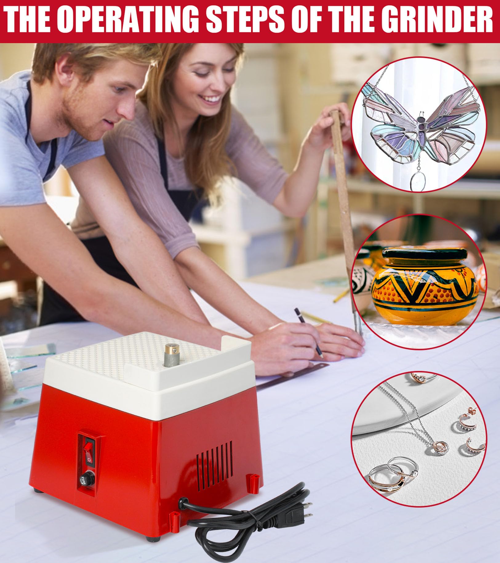 Diamond Grinder Bit for Glass & Ceramics - 110V Mini Power Industrial Grinding Tool with Stainless Steel Head (Red) - Perfect for Stained Glass Art, DIY Crafts & Jewelry Making