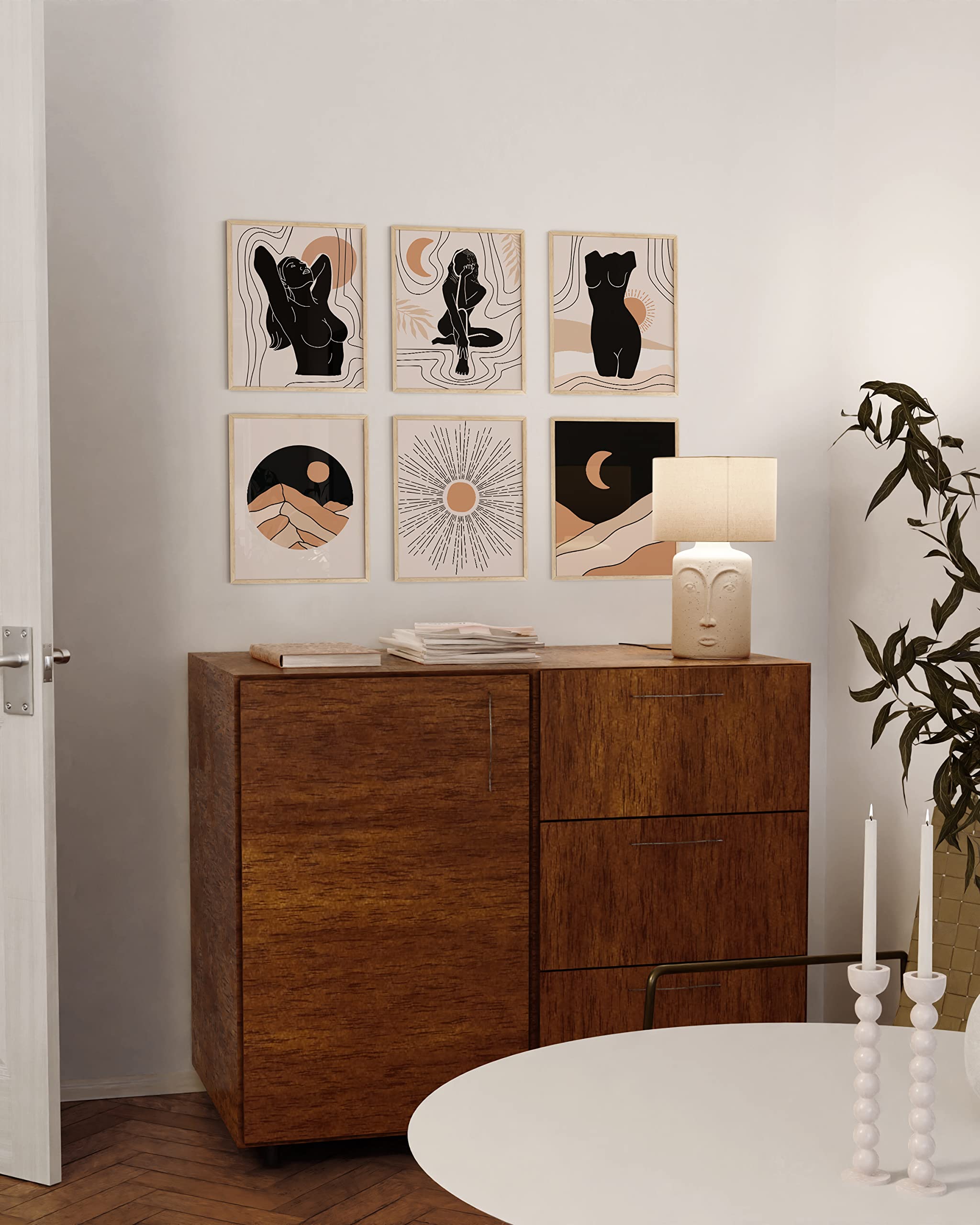 HAUS AND HUES Boho Wall Art Prints - Set of 6 Neutral Mid Century Modern Framed Decor (11x14 Beige) | Perfect for Living Room, Bedroom & Office Boho Style Decorating