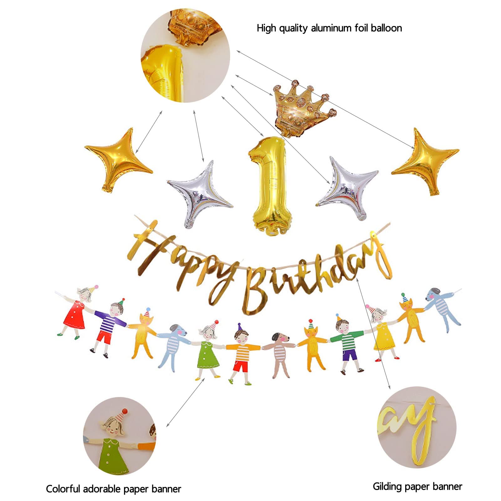 Royal Princess & Prince Birthday Balloon Decorations Kit - Gold Birthday Banner, Hand-Holding Banner, Crown Balloon, Number Balloon, Gold & Silver Star Balloons for Kids Birthday Party Decor, Baby Shower, Gender Reveal Celebration