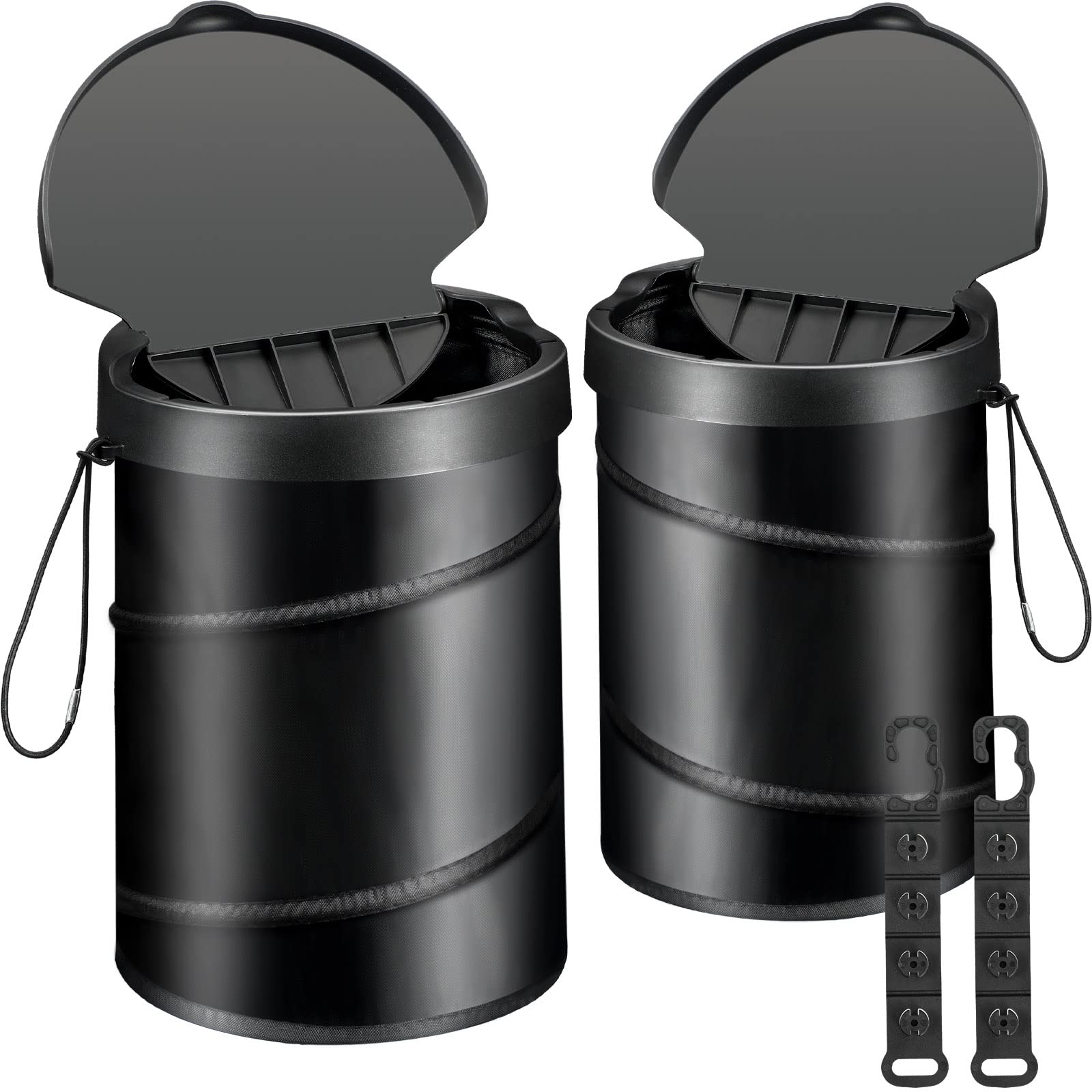 2 Pack Collapsible Car Trash Can with Lid - Portable Travel Garbage Bin with 2 Seat Hooks - Universal Fit for Cars, SUVs & Trucks (6.3x6.3x8.1 Inch, Black) - Perfect for Road Trips, Commuting & Keeping Your Vehicle Clean