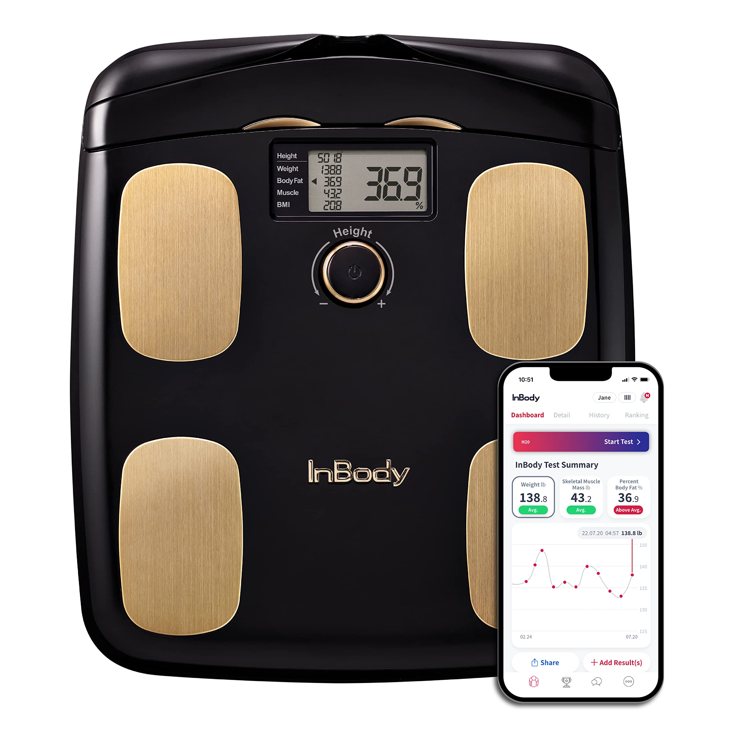 InBody Dial H20 Smart Body Fat Scale - Digital Bluetooth Weight Scale for Body Composition Analysis (Weight, Fat%, Muscle Mass) - Accurate BMI & BMR Measurement for Home Gym & Fitness Tracking - Midnight Black - Ideal for Health Enthusiasts & Personal Trainers