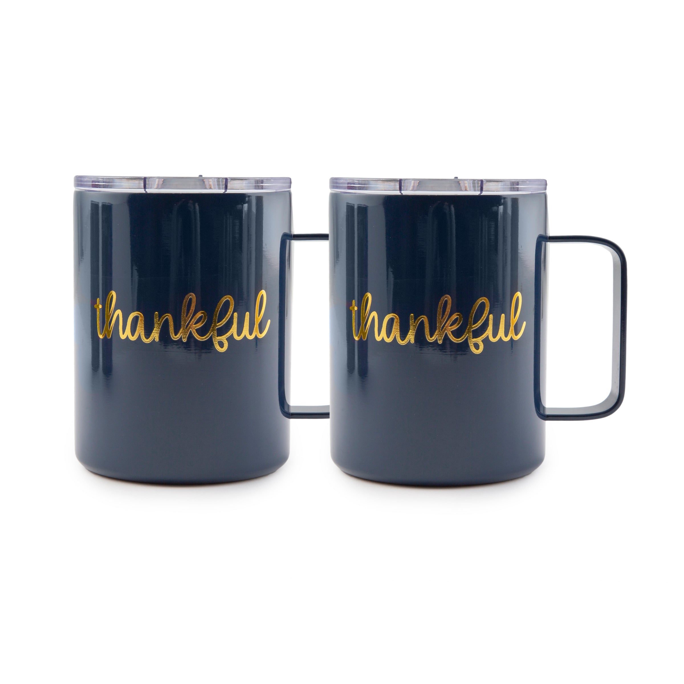 Premium Navy Blue Thankful Coffee Mugs Set of 2 - Inspirational Ceramic Tea Cups for Thanksgiving, Christmas Gifts & Daily Morning Coffee Routine