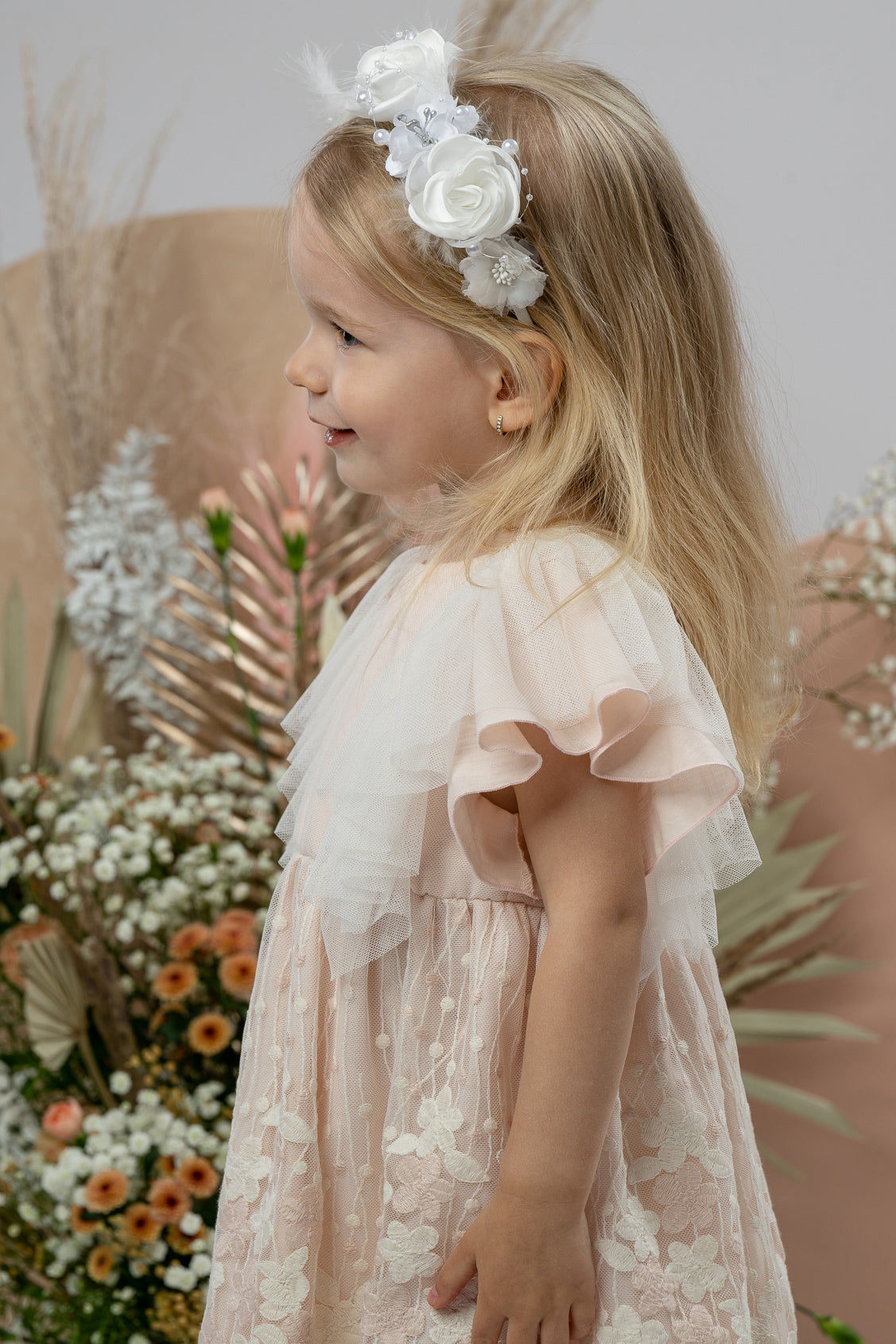 Marianne Apricot Embroidered Floral Tulle Dress for Women - Elegant Party Gown for Weddings, Prom, Evening Events & Special Occasions