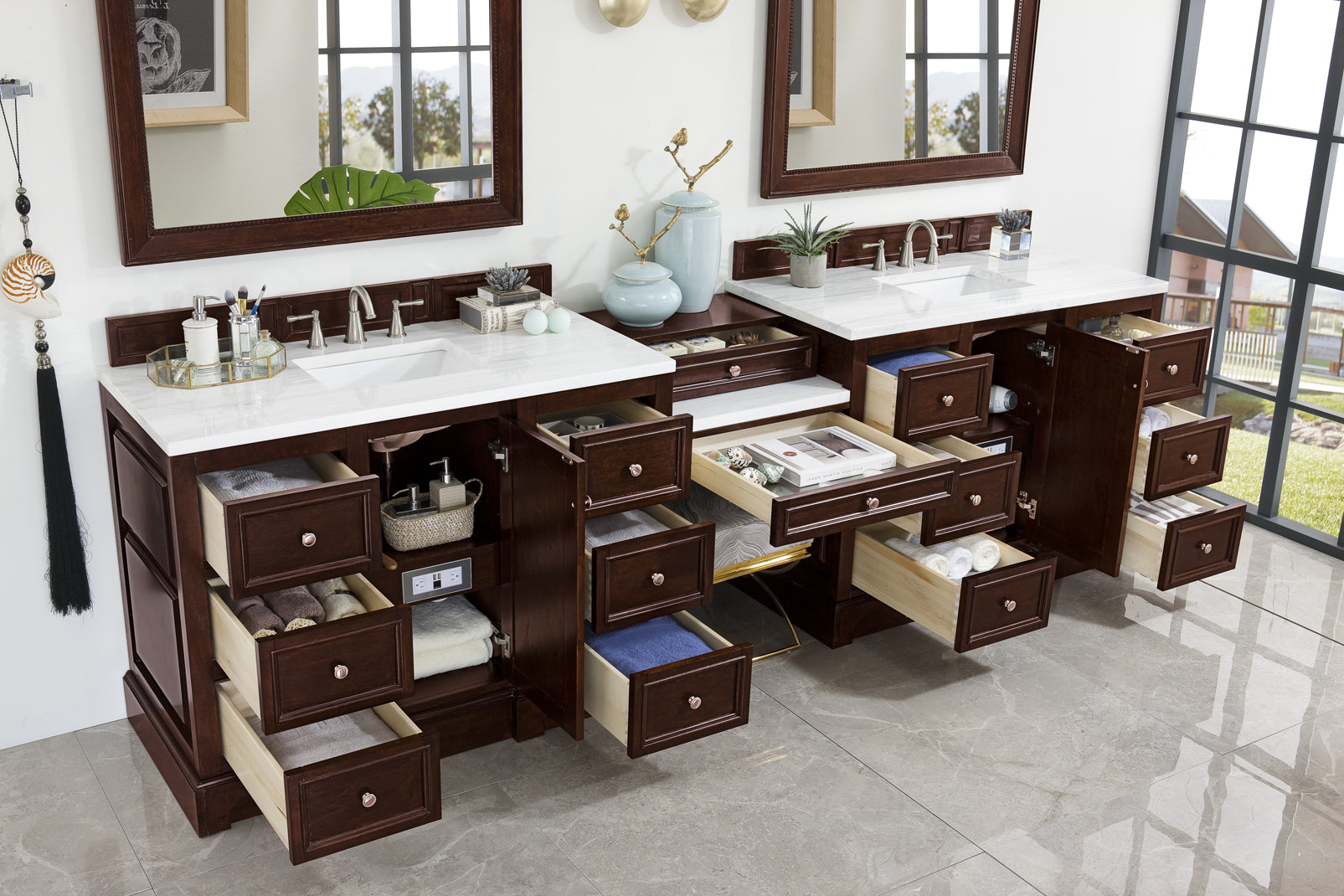 De Soto 118 Double Vanity Set with Makeup Table - Burnished Mahogany Finish & 3CM Arctic Fall Solid Surface Top | Perfect for Master Bathroom, Dressing Room & Beauty Salon Organization