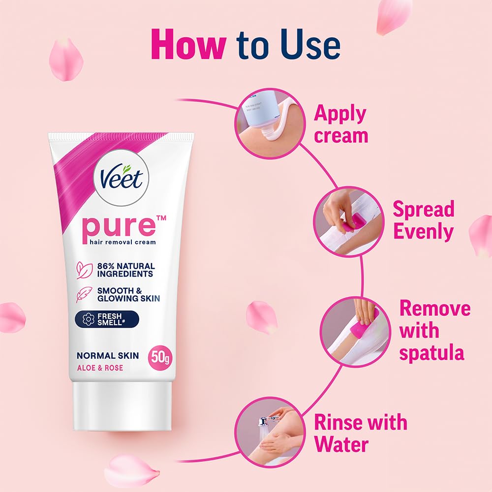 Veet Pure Hair Removal Cream for Women - Gentle Formula for Normal Skin, 50g | Safe for Legs, Underarms, Bikini Line & Arms | At-Home Smooth Skin Solution for Quick Hair Removal