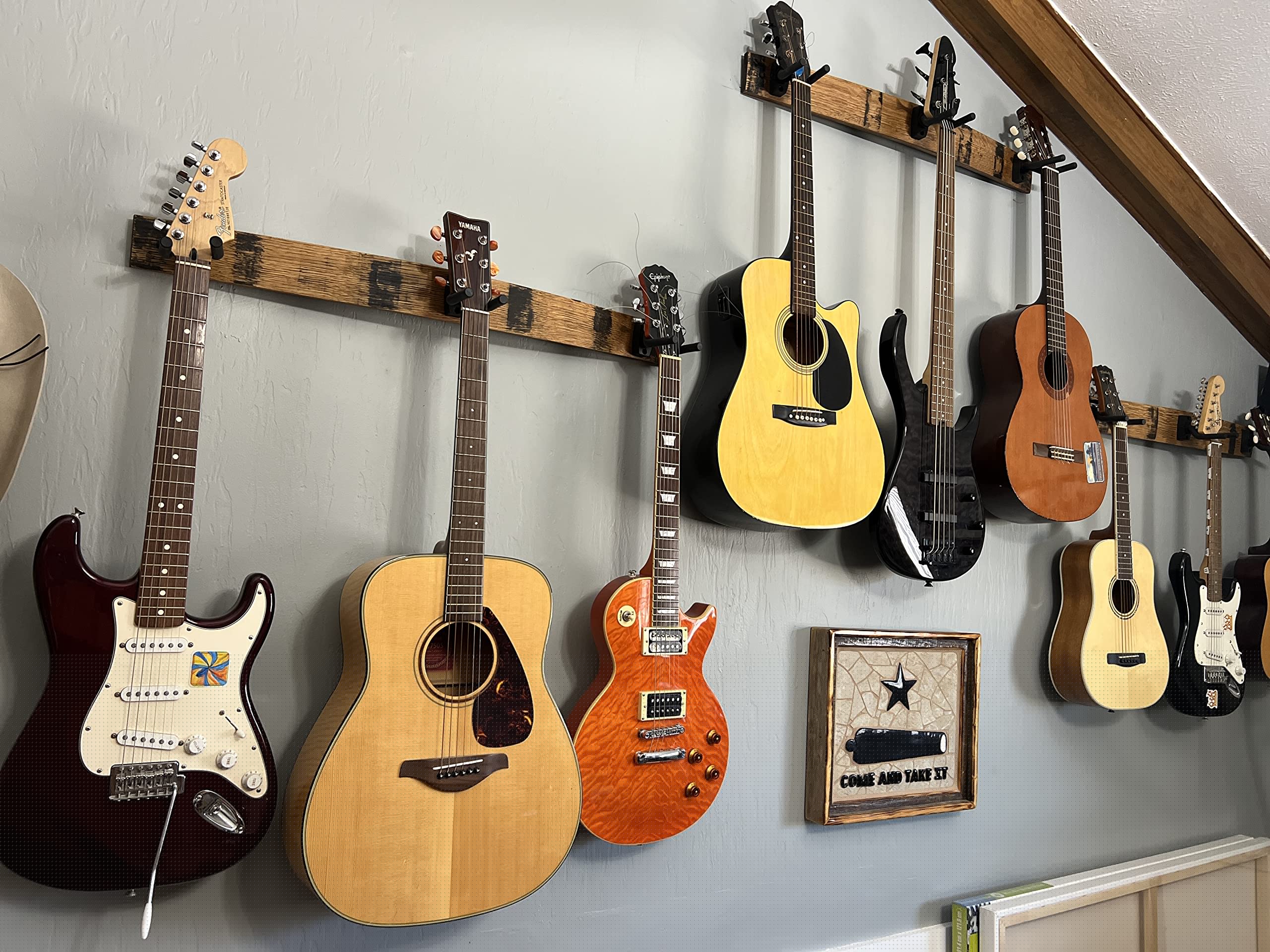Coyle Woodworks Whiskey Barrel Stave 3-Instrument Wall Mount - Guitar, Ukulele, Violin, Banjo Hanger with Natural Finish | Perfect for Home, Studio & Bar Decor