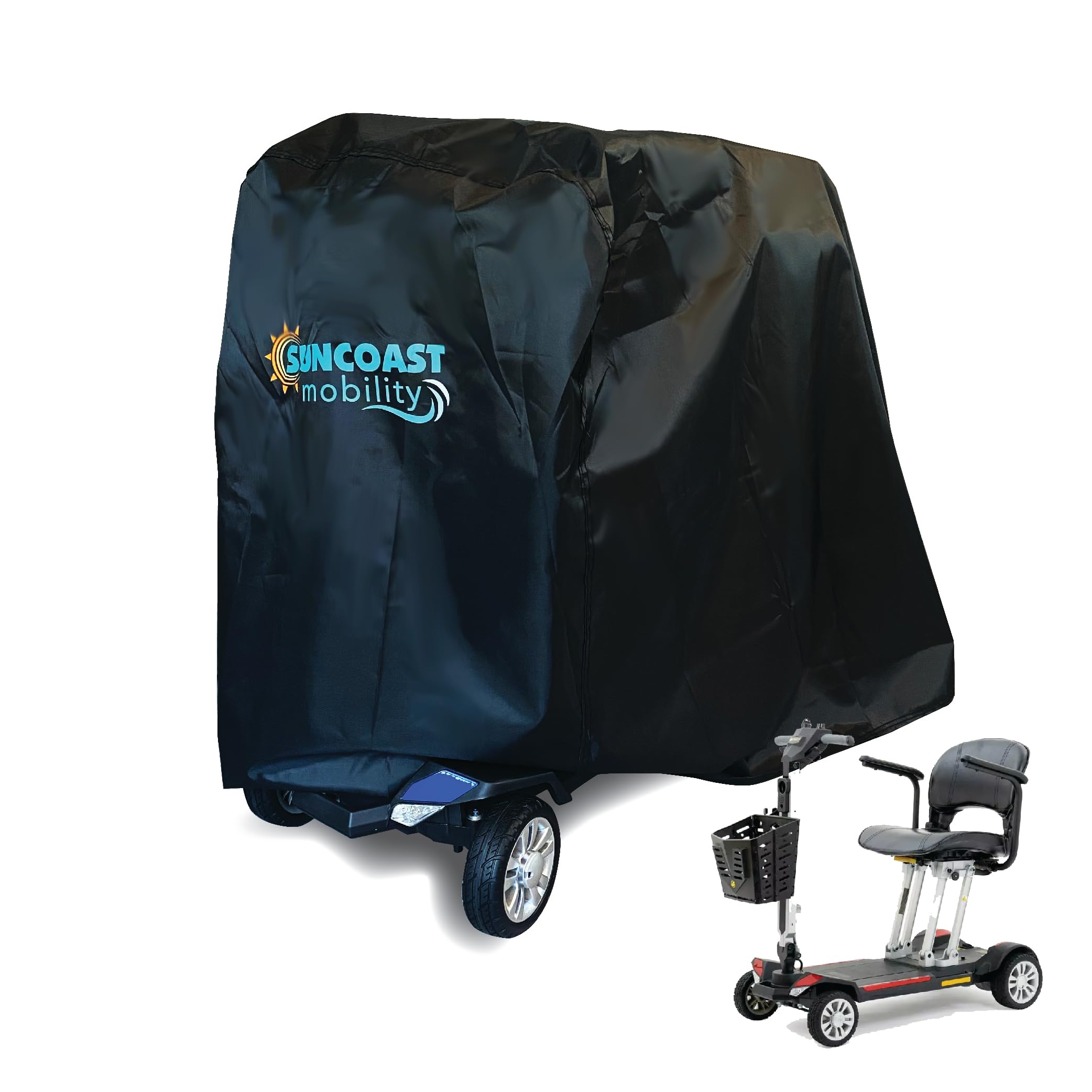 **Heavy Duty Mobility Scooter Cover - 420D Oxford Fabric Waterproof Weatherproof Storage Cover with Buckle & Free Storage Bag - Ideal for Outdoor Scooter & Bicycle Protection - by Suncoast Mobility (Black)**