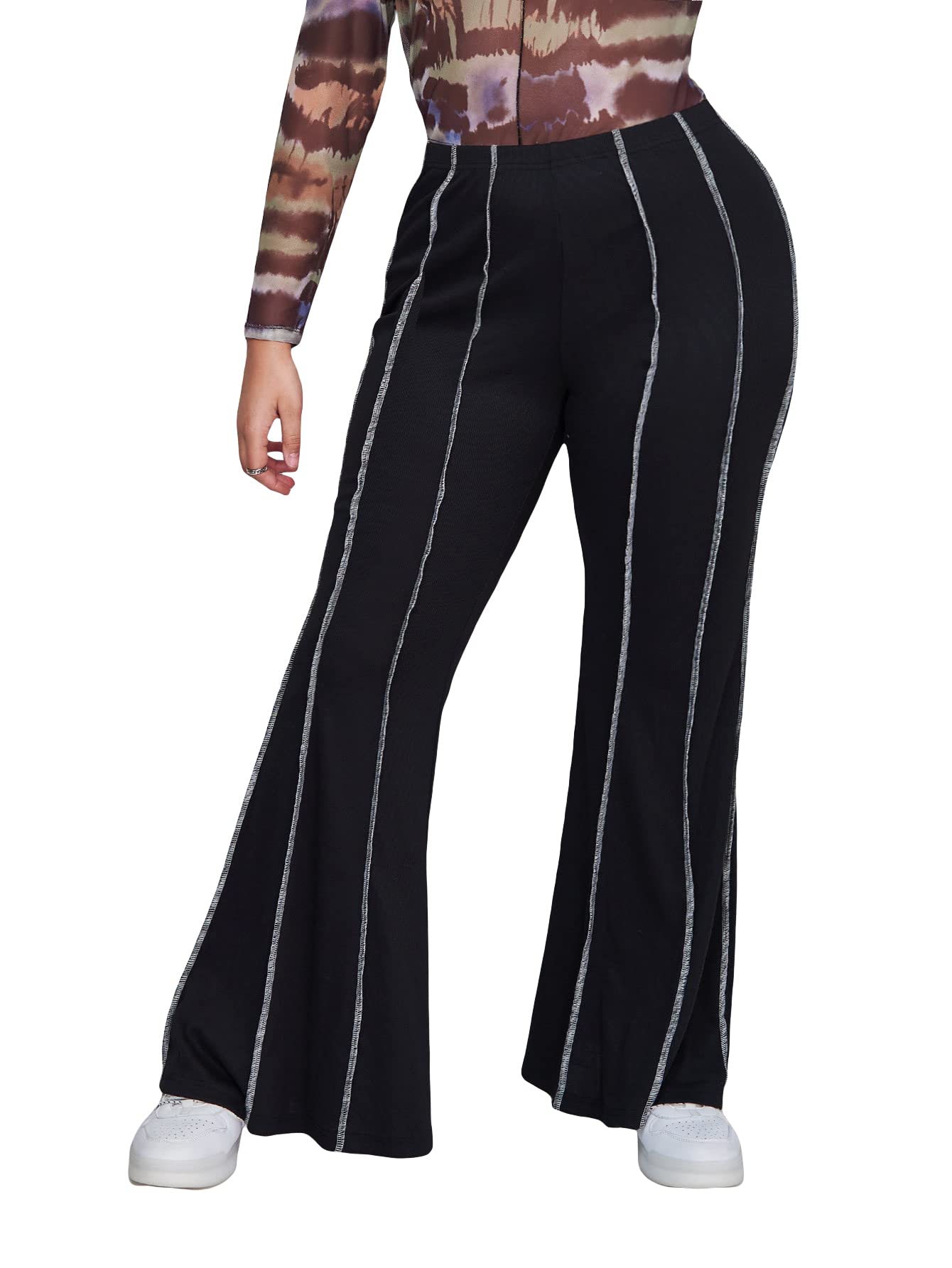 WDIRARA Women's Plus Size Floral Print High Waisted Wide Leg Pants - Casual Comfort Stretch Palazzo Pants for Work, Office & Summer Outfits