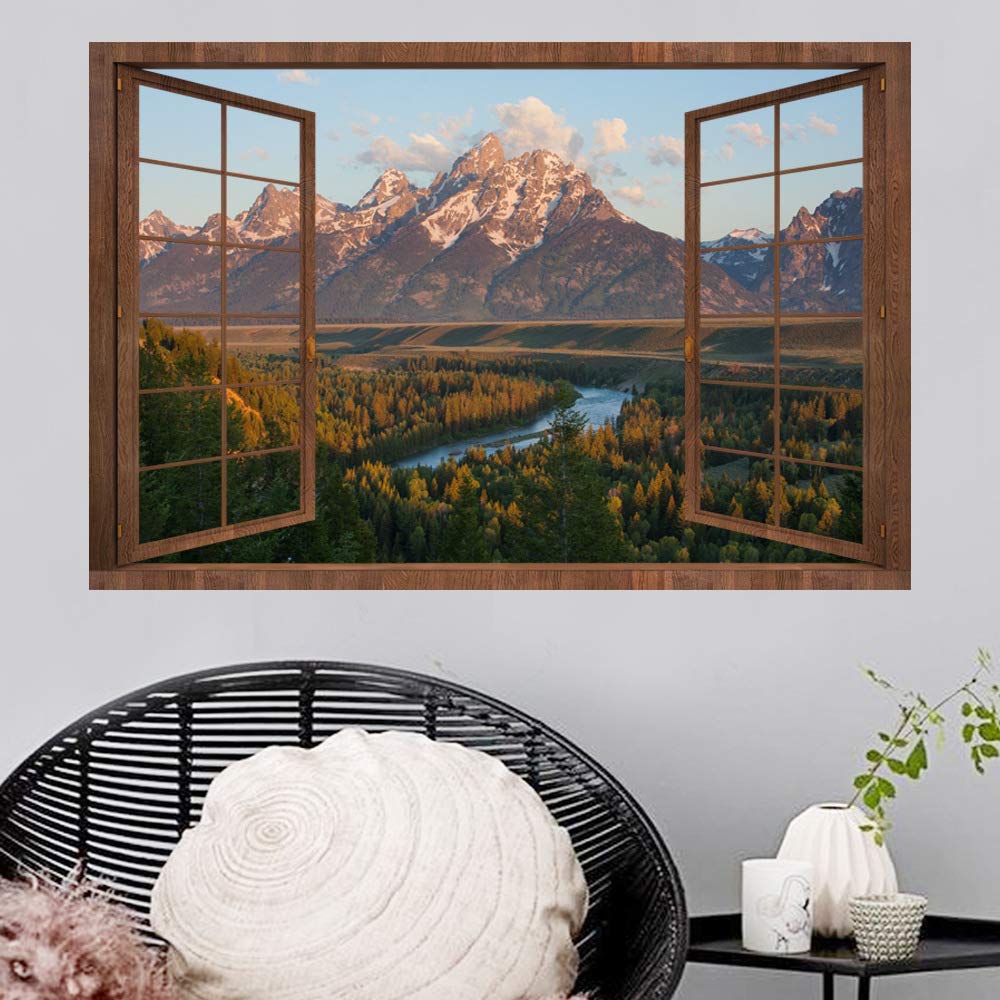 DNVEN 3D Fake Wood Window Decal - Mountain Lake Scenery Wall Sticker, High Definition Faux Window Frame Mural (28x20 inches) for Bedroom, Living Room & Playroom - Perfect for Home Decor, Office & Nursery Wall Art