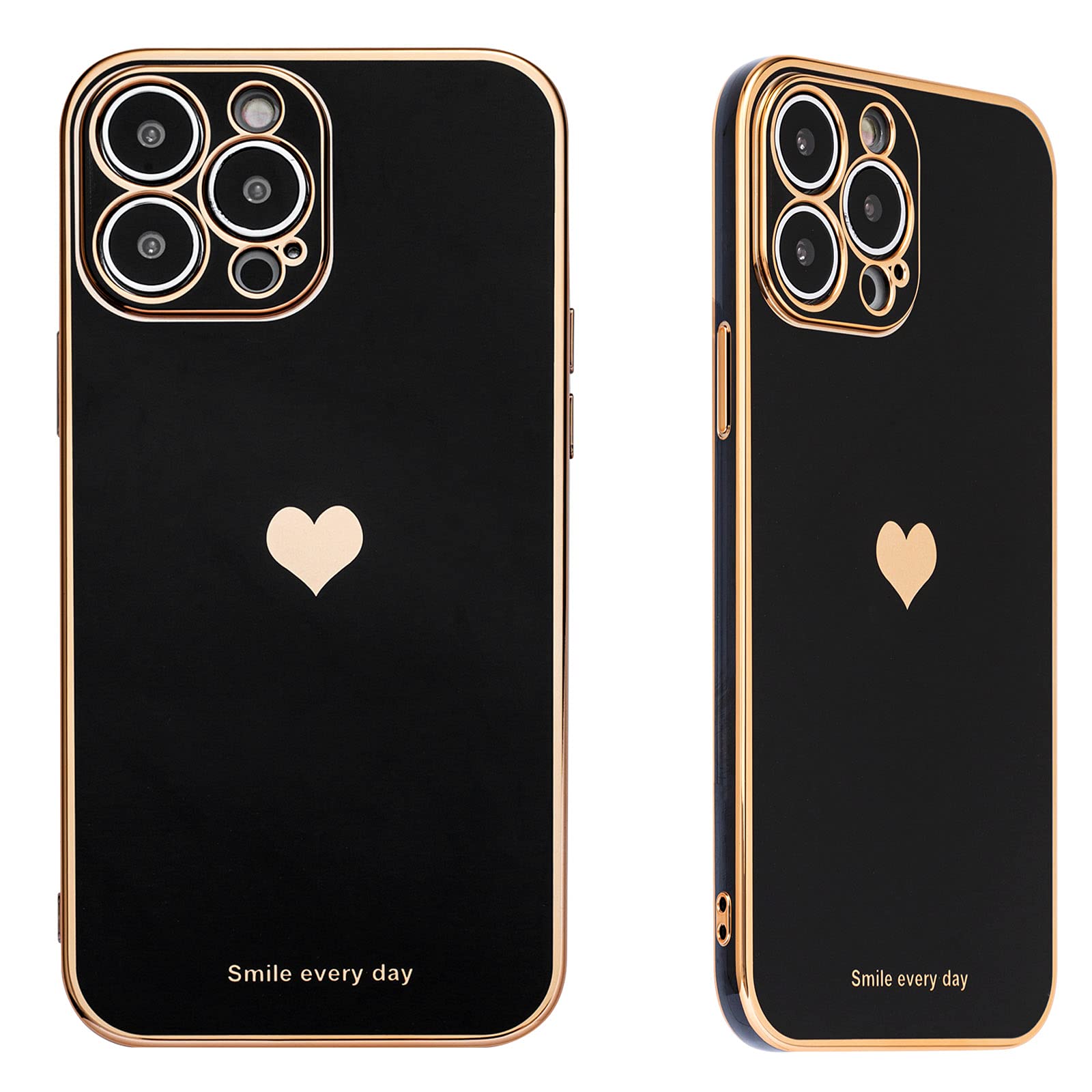 SPOBIT iPhone 13 Pro Max Case 6.7 Inch - Elegant Gold Plated Heart Design, Soft TPU Shockproof & Camera Protection (Black) | Perfect for Daily Use, Valentine's Gifts & Fashion Accessories
