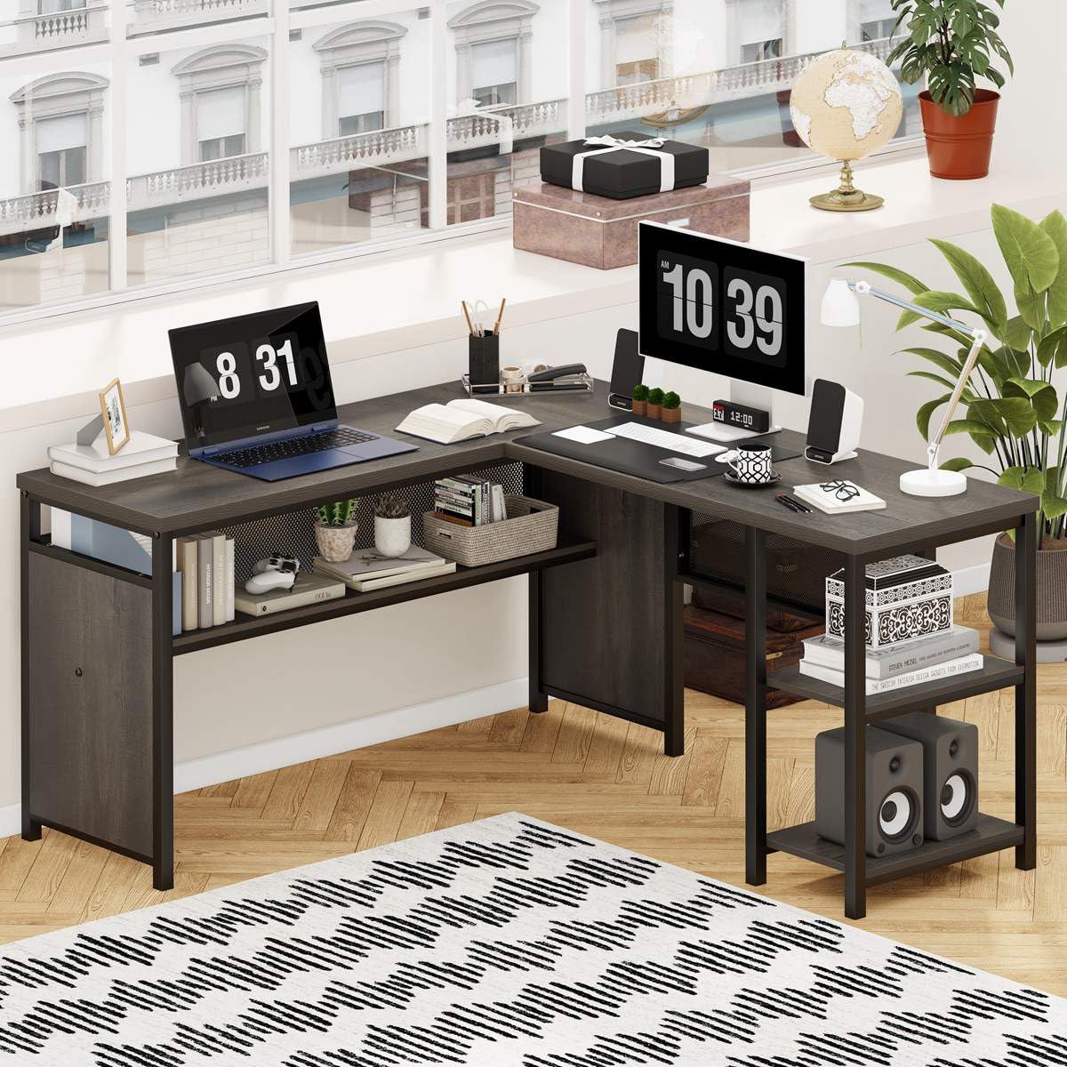 FATORRI 59 Inch L-Shaped Computer Desk with Wood Shelves & Metal Legs - Industrial Reversible Corner Desk for Home Office (Walnut Brown) - Perfect for Small Spaces, Gaming Setup & Workstation Organization