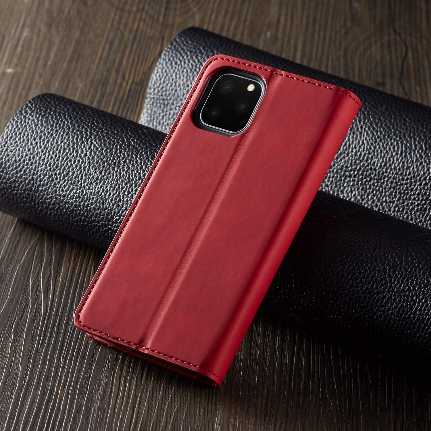 Premium PU Leather Magnetic Flip Wallet Case for iPhone 11 Pro Max (6.5 inch) - Shockproof Card Holder with Kickstand & Hidden Adsorption | Perfect for Business, Travel & Daily Use (Red, 2019 Model)