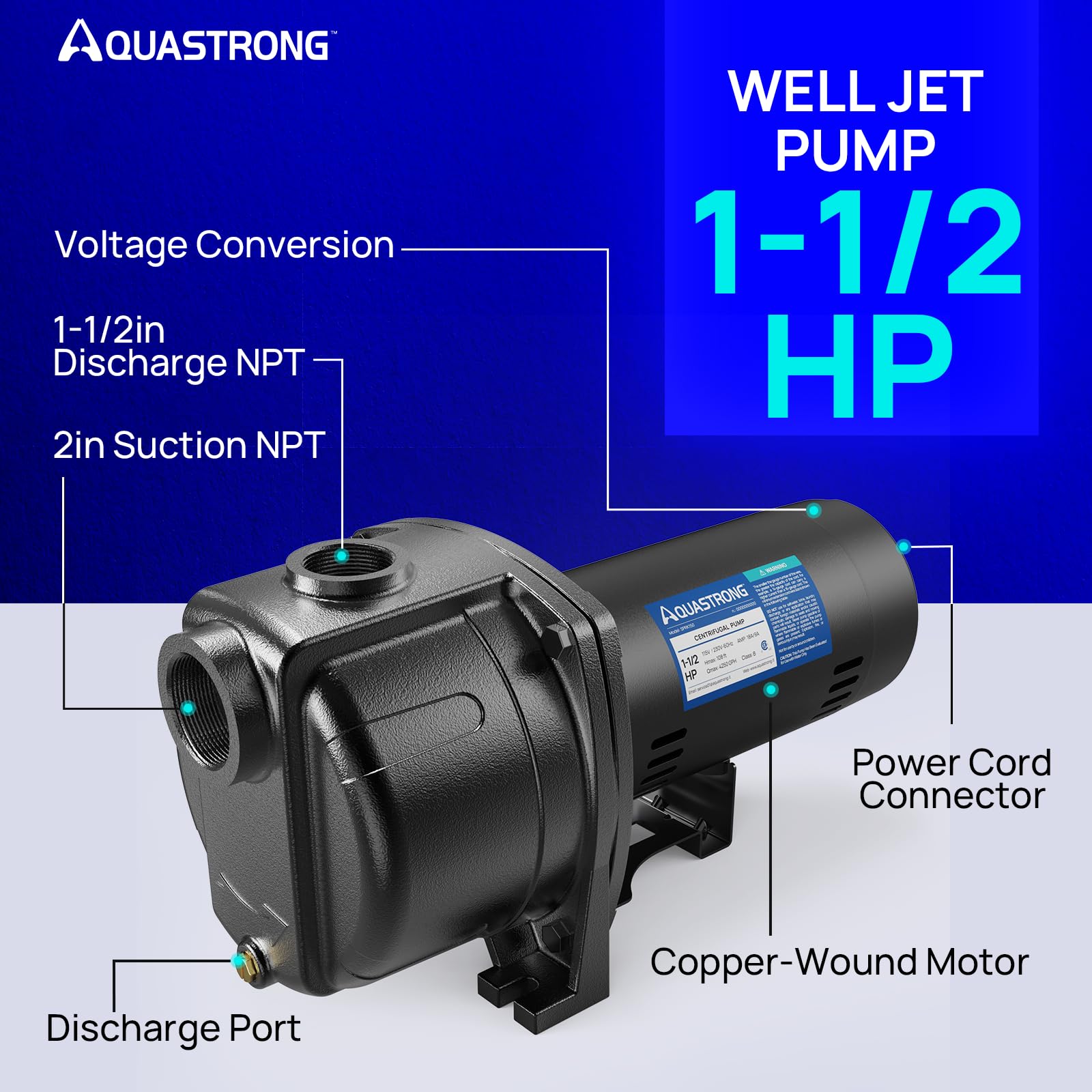 **AQUASTRONG 1.5 HP Shallow Well Jet Pump & Centrifugal Pump – 4250 GPH, 115V/230V, Cast Iron Booster Pump for Lawn Sprinkler & Garden Irrigation – Ideal for Home, Farm & Outdoor Watering Systems**