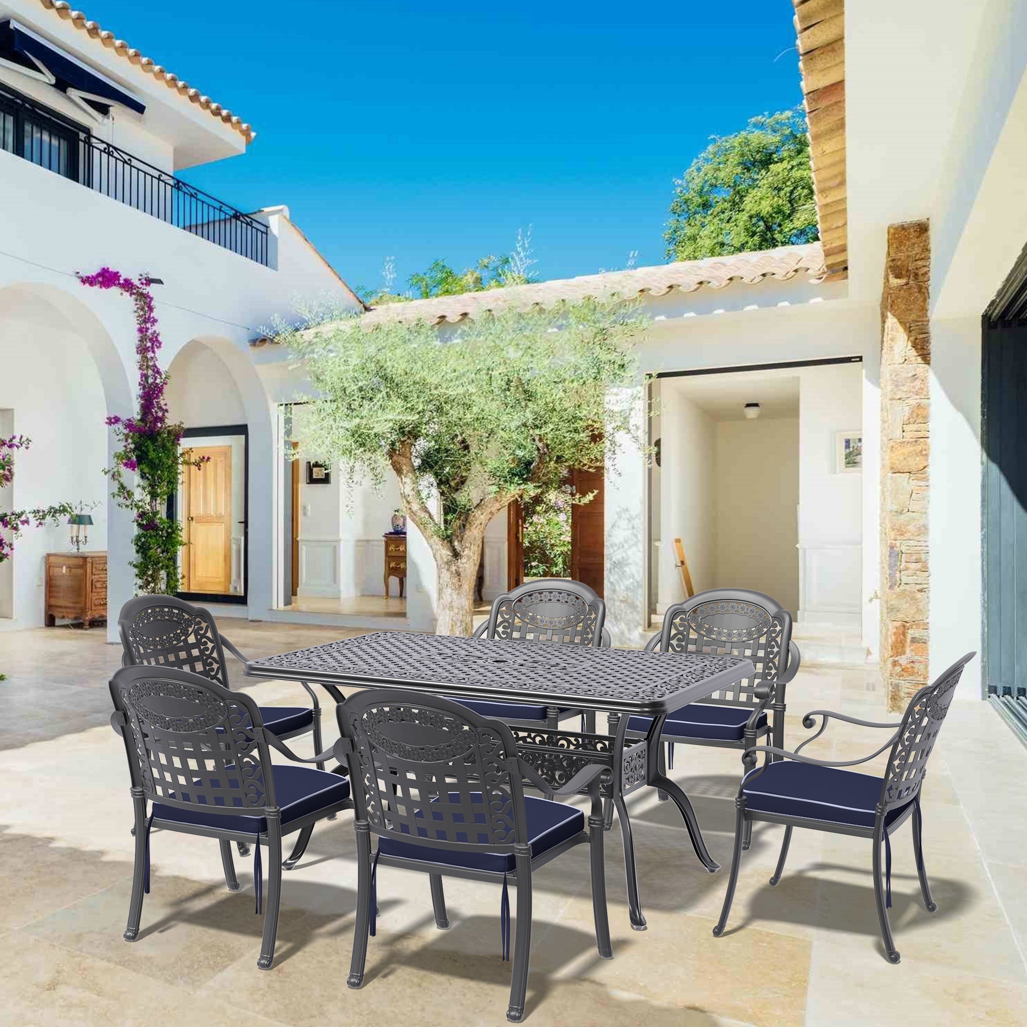 7-Piece Cast Aluminum Patio Furniture Set with Cushions - Outdoor Dining & Lounge Chairs for Garden, Poolside, Backyard - Durable Weather-Resistant Patio Seating (Color Options Available)