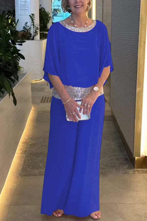 Trendy Sequin Patchwork Dolman Sleeve Blouse & Stretchy Waist Wide Leg Pants Set for Women | Party Outfit, Club Wear, Evening Attire, Special Occasion Fashion