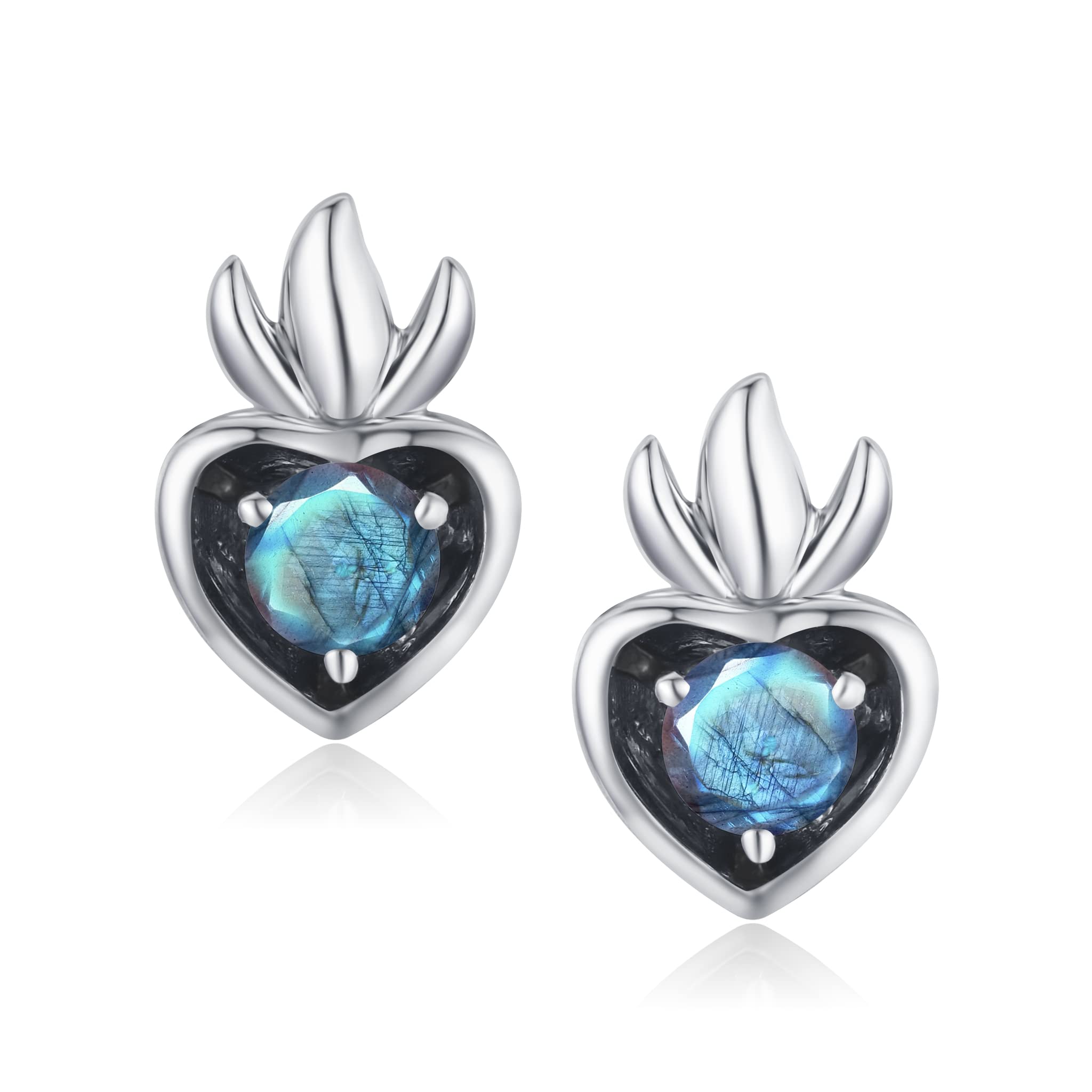 Labradorite Heart Stud Earrings - Gold Plated Small Dainty Stackable Earrings for Multiple Piercings - Alternative Birthstone Jewelry for Women - Perfect for Everyday Wear, Gifts, and Special Occasions