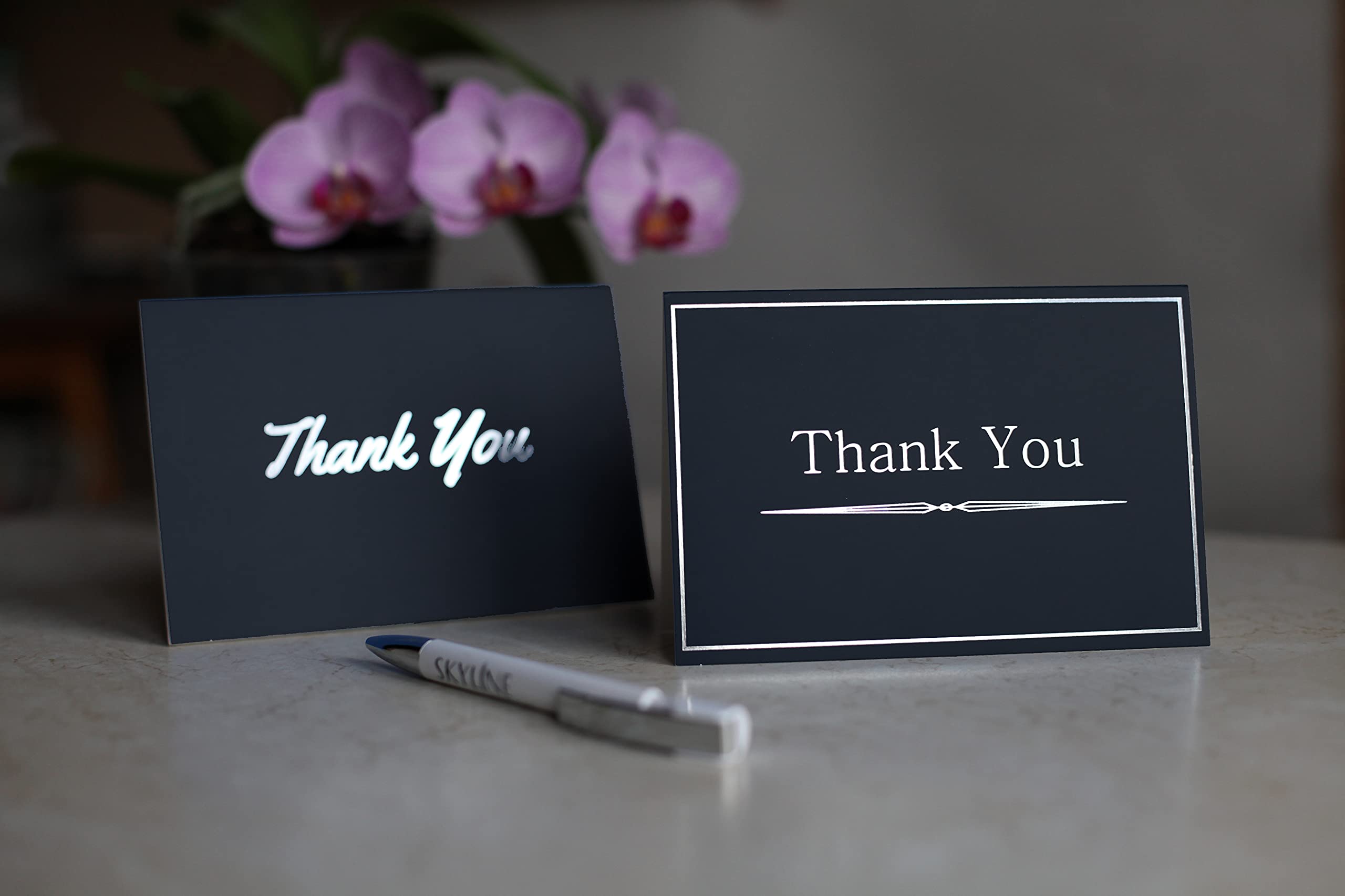 120 Premium Black Thank You Cards with Matching Envelopes & Sealing Stickers - 6 Elegant Embossed Silver Foil Designs on Thick 4x6