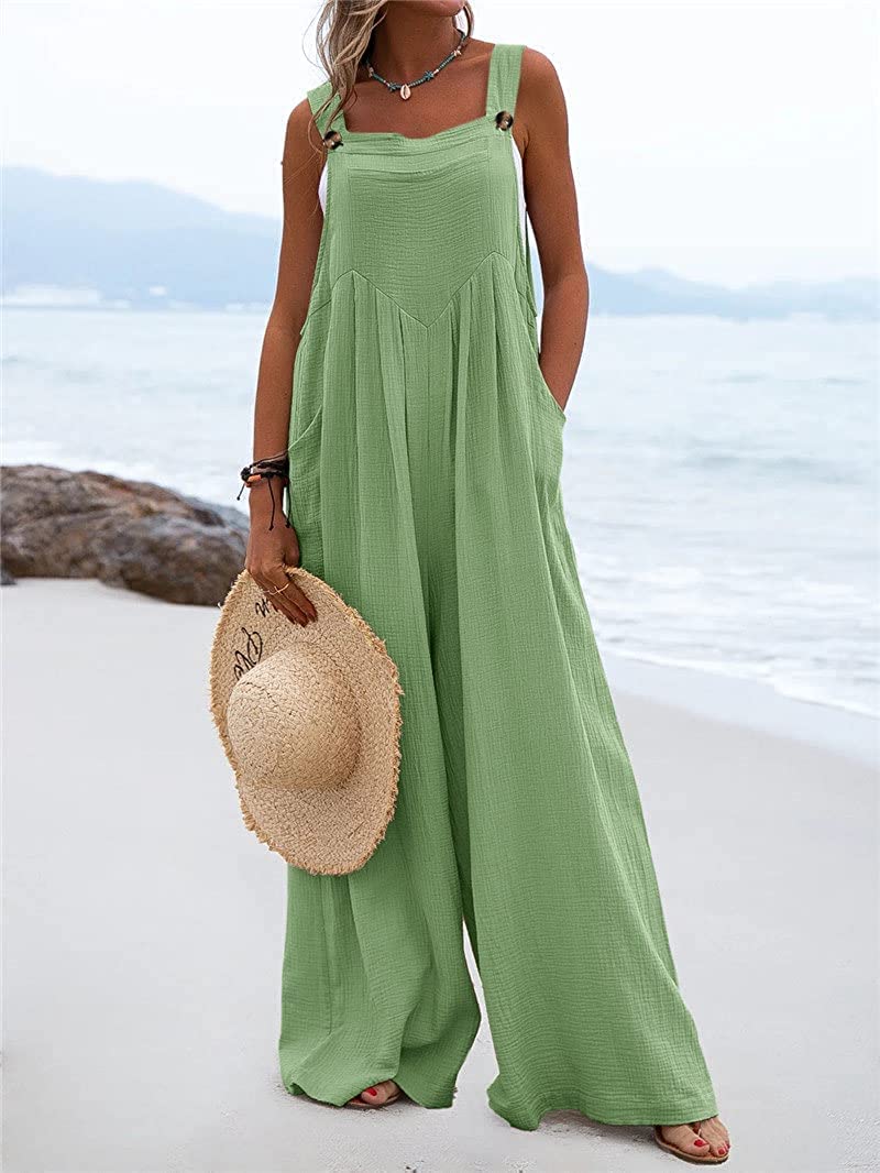 Women's Wide Leg Overalls - Sleeveless Jumpsuit with Pockets | Loose Comfortable Baggy Suspender Romper for Casual Outings, Travel & Summer Fashion