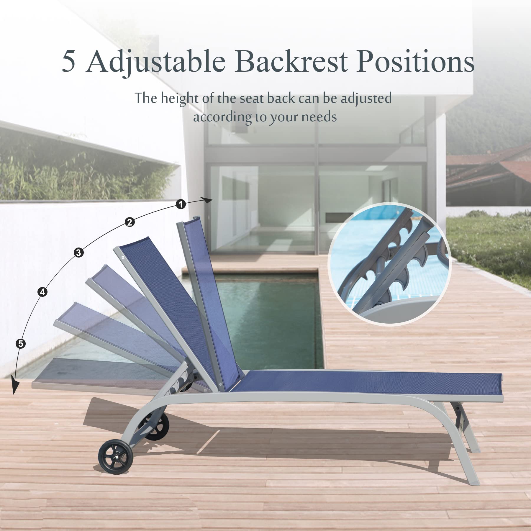 Domi Chaise Lounge Outdoor Set of 3 Adjustable Pool Lounge Chairs with Wheels - Navy Blue Patio Furniture for Beach, Yard & Backyard Relaxation | Perfect for Sunbathing, Poolside Lounging & Outdoor Entertaining