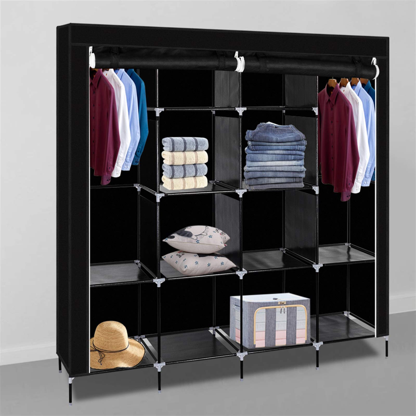 4-Tier Portable Wardrobe Closet - Foldable Clothes Storage Organizer with Non-Woven Fabric, Hanging Rod & 12 Shelves - 71
