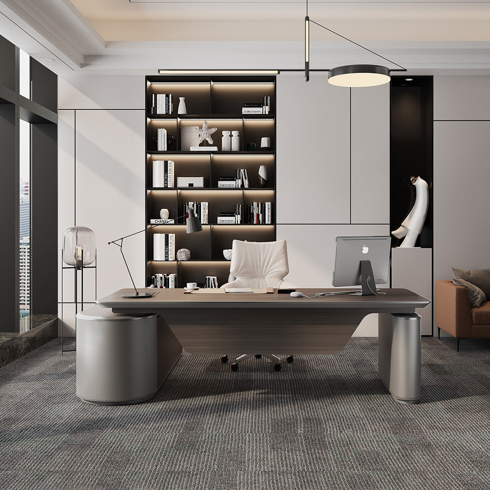 LUCA Electric Height Adjustable Sit Stand Desk 240cm - Hazelnut & Grey Finish, Ergonomic Executive Office Desk with Reversible Return for Home & Workspace