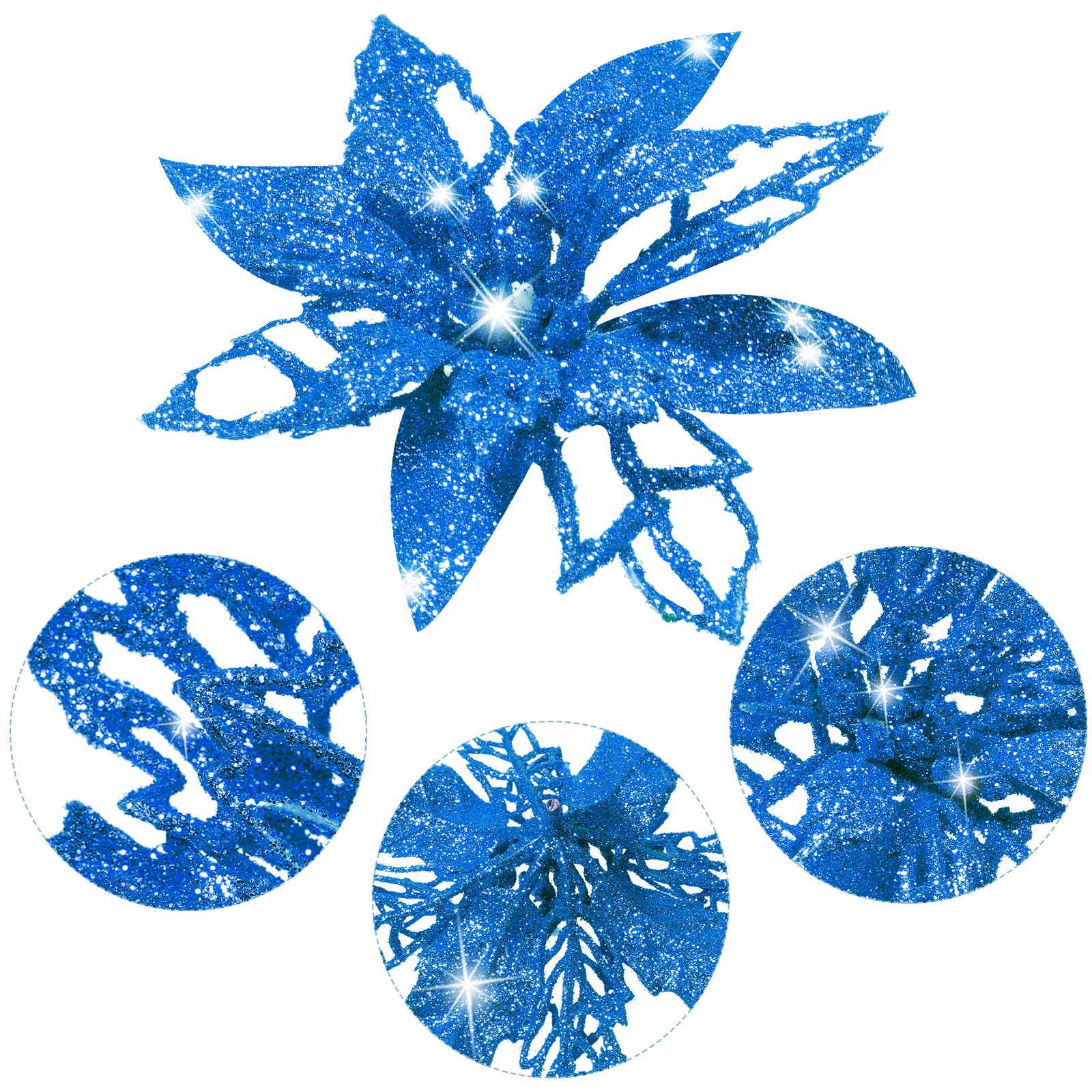 24-Piece Blue Glitter Artificial Poinsettia Flowers - Christmas Tree Decorations, Wedding Centerpieces, Holiday Home Decor & New Year Party Ornaments - Perfect for Xmas Wreaths, Gift Wrapping & Festive Tablescapes