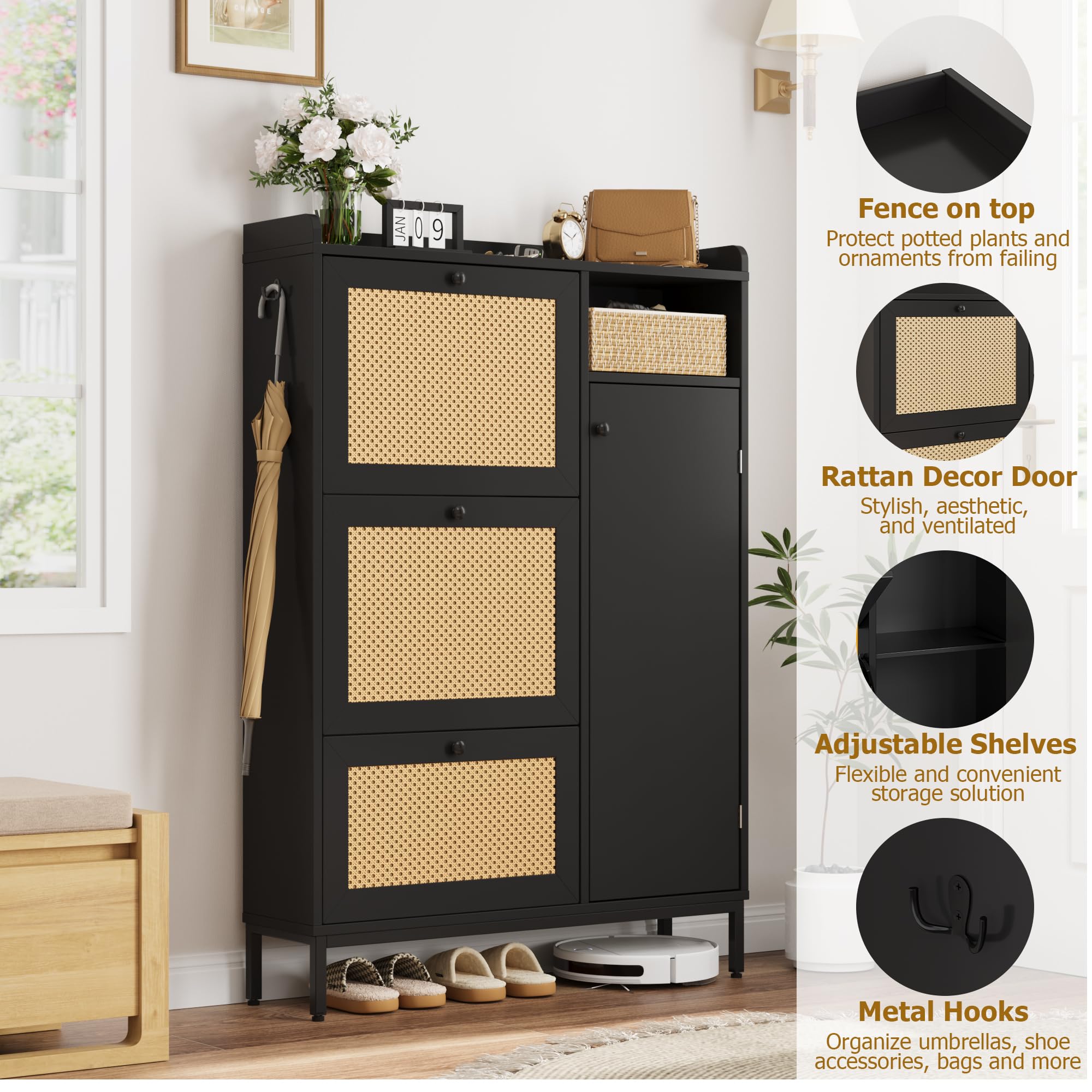 Rattan Shoe Storage Cabinet with 3 Flip Drawers - Freestanding Entryway Organizer with Adjustable Shelves, Narrow Hallway Shoe Rack - Easy Assembly Black | Perfect for Small Spaces, Closet Organization & Entryway Decor