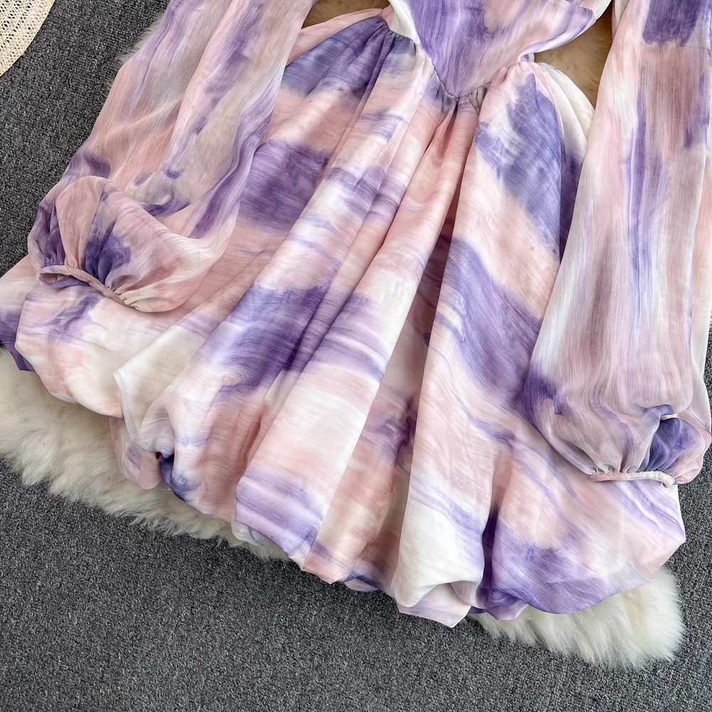 Elegant Long Sleeve Bow Tie V-Neck Chiffon Dress with Fluffy Fairy Skirt - Perfect for Weddings, Parties & Special Occasions