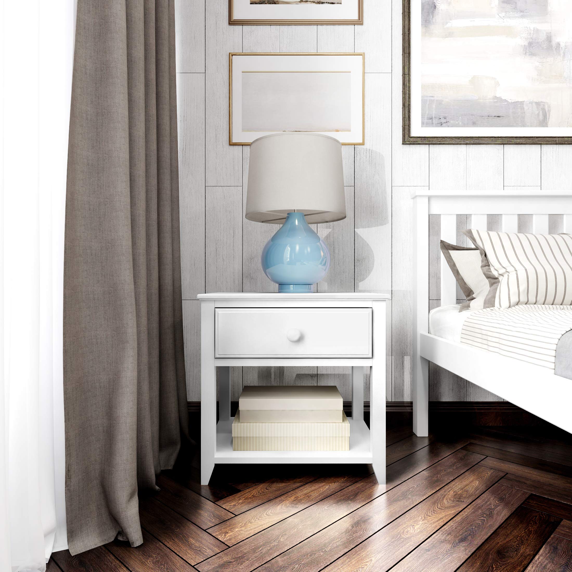 Plank+Beam White Nightstand with Drawer and Shelf - Modern Bedside Table for Bedroom, Living Room, or Guest Room - Sturdy Wooden Side Table with Storage Space