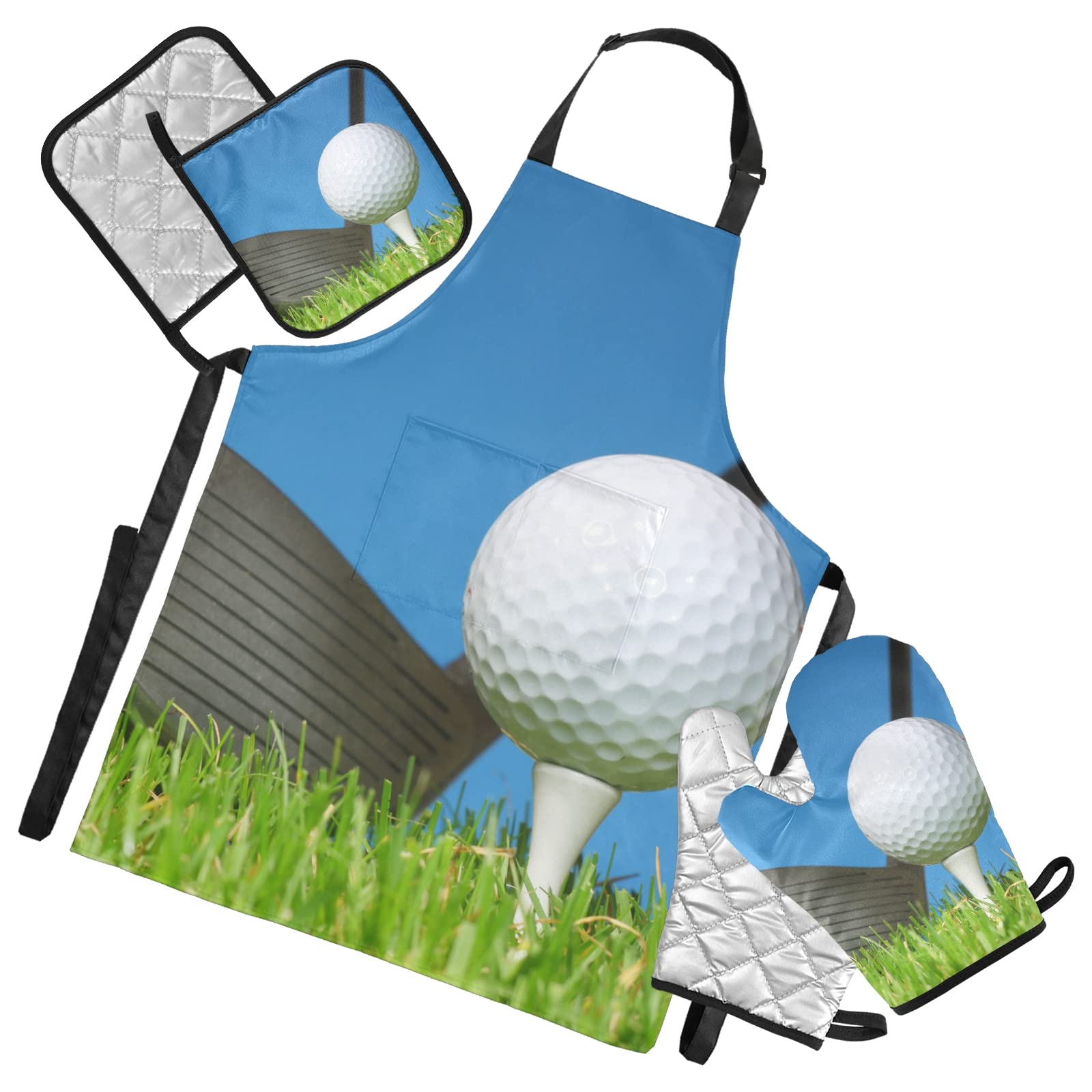 Heat-Resistant 5-Piece Kitchen Set - Insulated Oven Mitts, Pot Holder, Apron & Mat for Grilling, Baking & Cooking | Golf-Themed Design with White Ball, Steel Tee & Blue Sky Pattern | Perfect for BBQ, Baking & Microwave Use