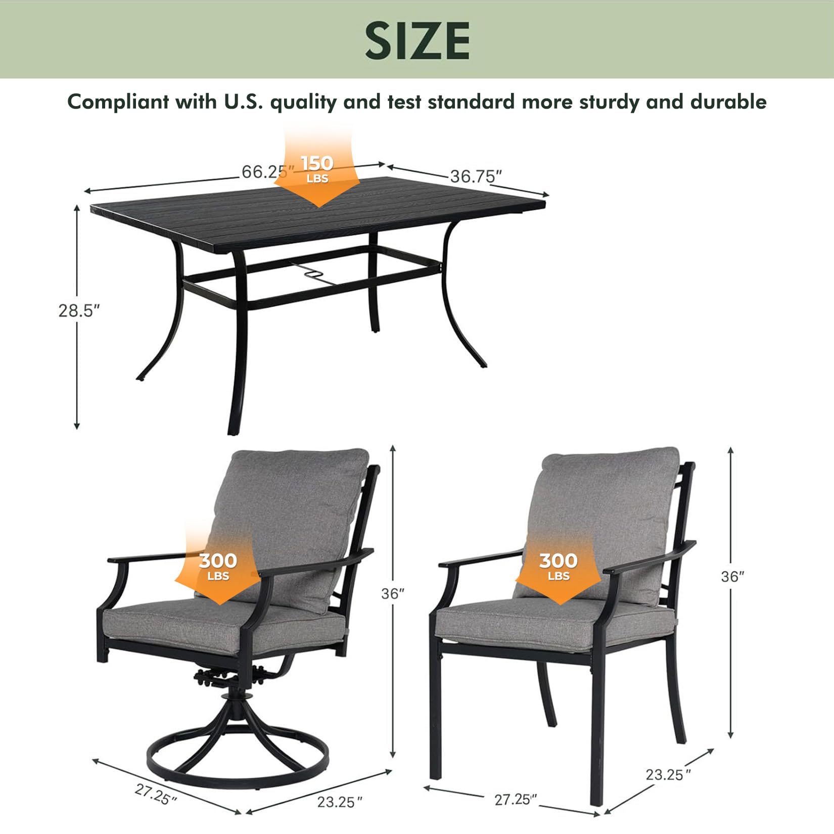 7-Piece Outdoor Dining Set for 6 with Swivel Chairs & Faux Wood Table - Grey E-Coated Patio Furniture with Olefin Cushions & Umbrella Hole - Perfect for Backyard BBQs, Garden Parties & Poolside Dining