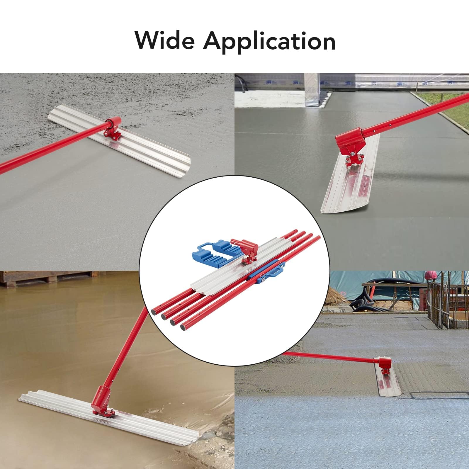 Bull Float Magnesium Concrete Float - 36 x 8 Inch Round End Cement Finishing Tool with 4 Handle Brackets (Red) - Perfect for Smoothing Concrete Floors, Driveways & Patios