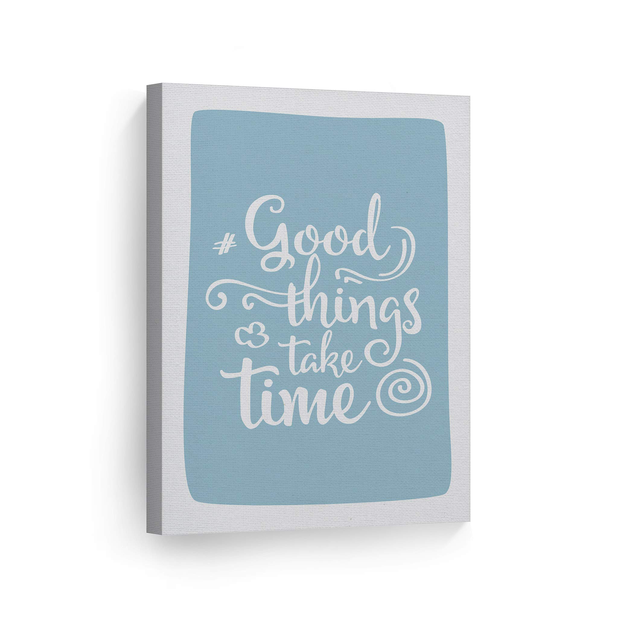 Smile Art Design 'Good Things Take Time' Inspirational Canvas Wall Art - Blue Lettering Print for Nursery, Kids Room & Baby Room Decor - Ready to Hang 36x24 Inch Made in USA (Perfect for Bedroom, Playroom & Gift Ideas)